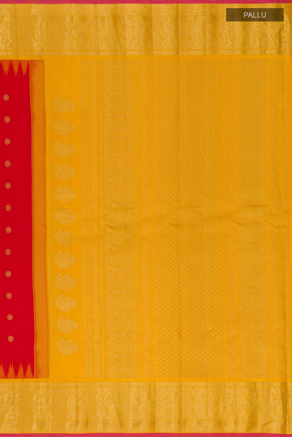 Close up image of the pallu of Red Gadwal Silk Saree with Zari Butta on the body and Zari Border. 