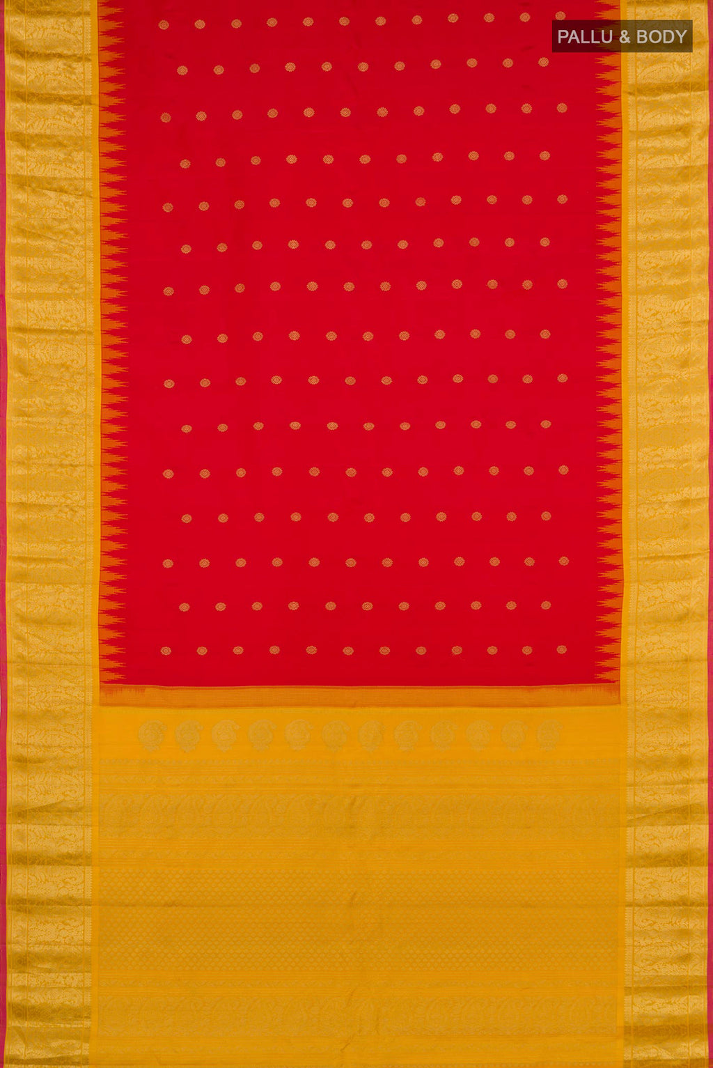 Flat view of Red Gadwal Silk Saree with Zari Butta on the body and Zari Border. 