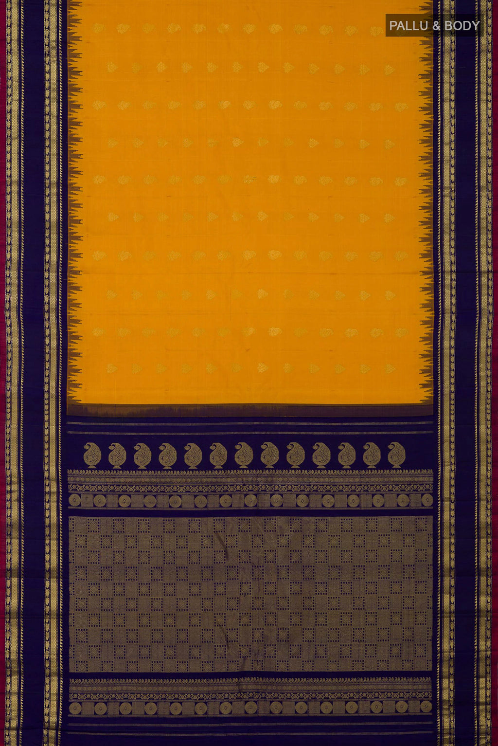 Flat view of Yellow Gadwal Silk Saree with Zari Butta on the body and Zari Border. 