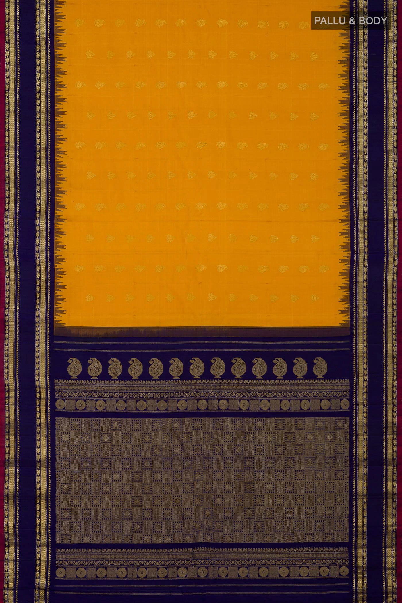 Flat view of Yellow Gadwal Silk Saree with Zari Butta on the body and Zari Border. 
