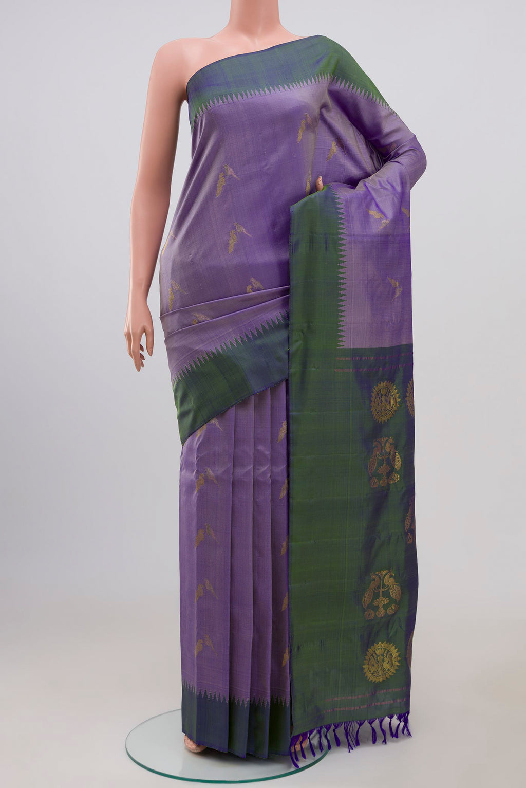 Grey Gadwal Silk Saree with Zari Butta on the body and Plain Border.  displayed on a mannequin