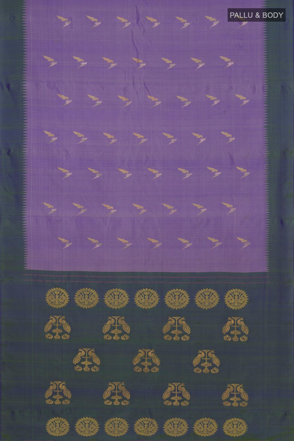 Flat view of Grey Gadwal Silk Saree with Zari Butta on the body and Plain Border. 