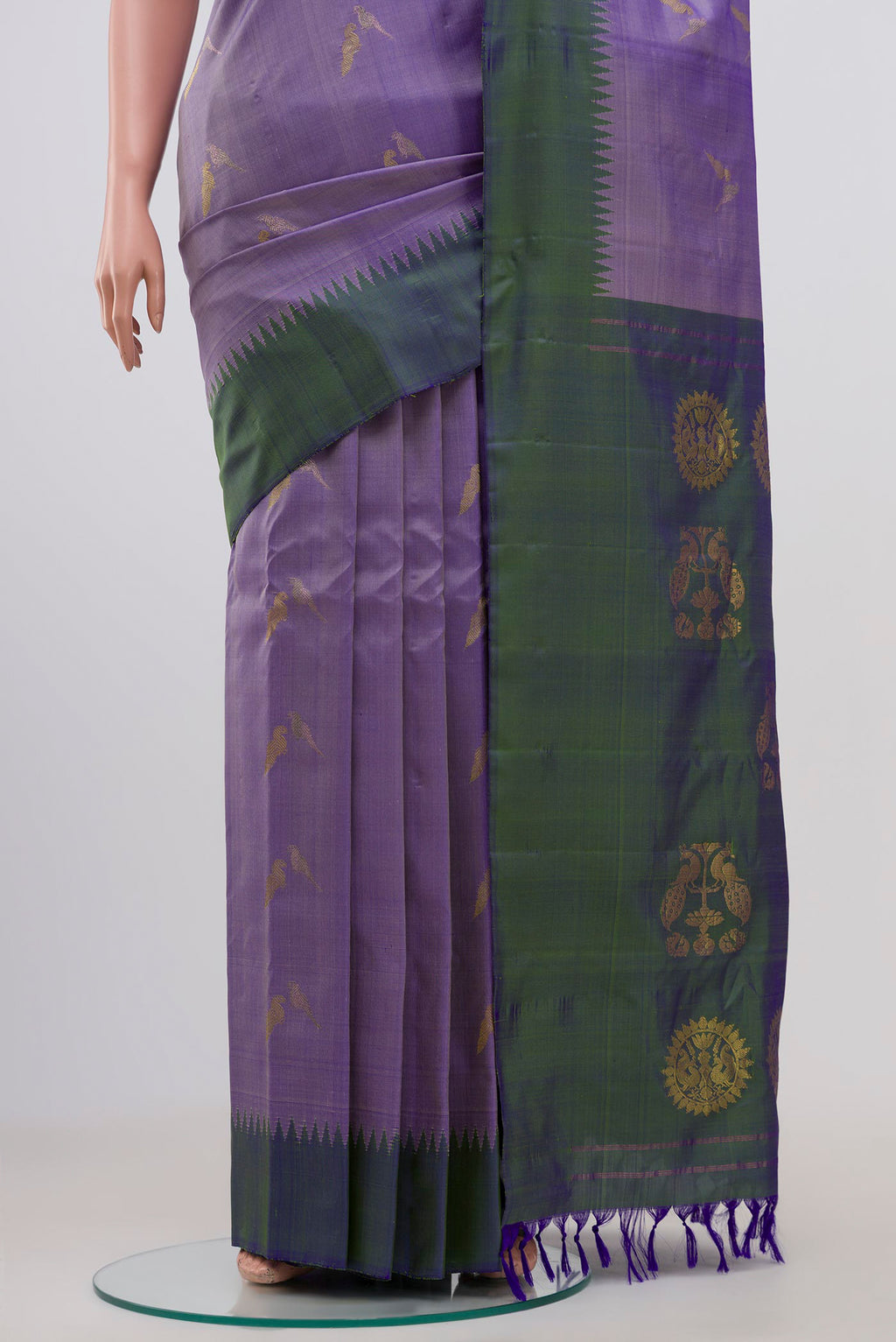 Pleats and pallu of Grey Gadwal Silk Saree with Zari Butta on the body and Plain Border. 