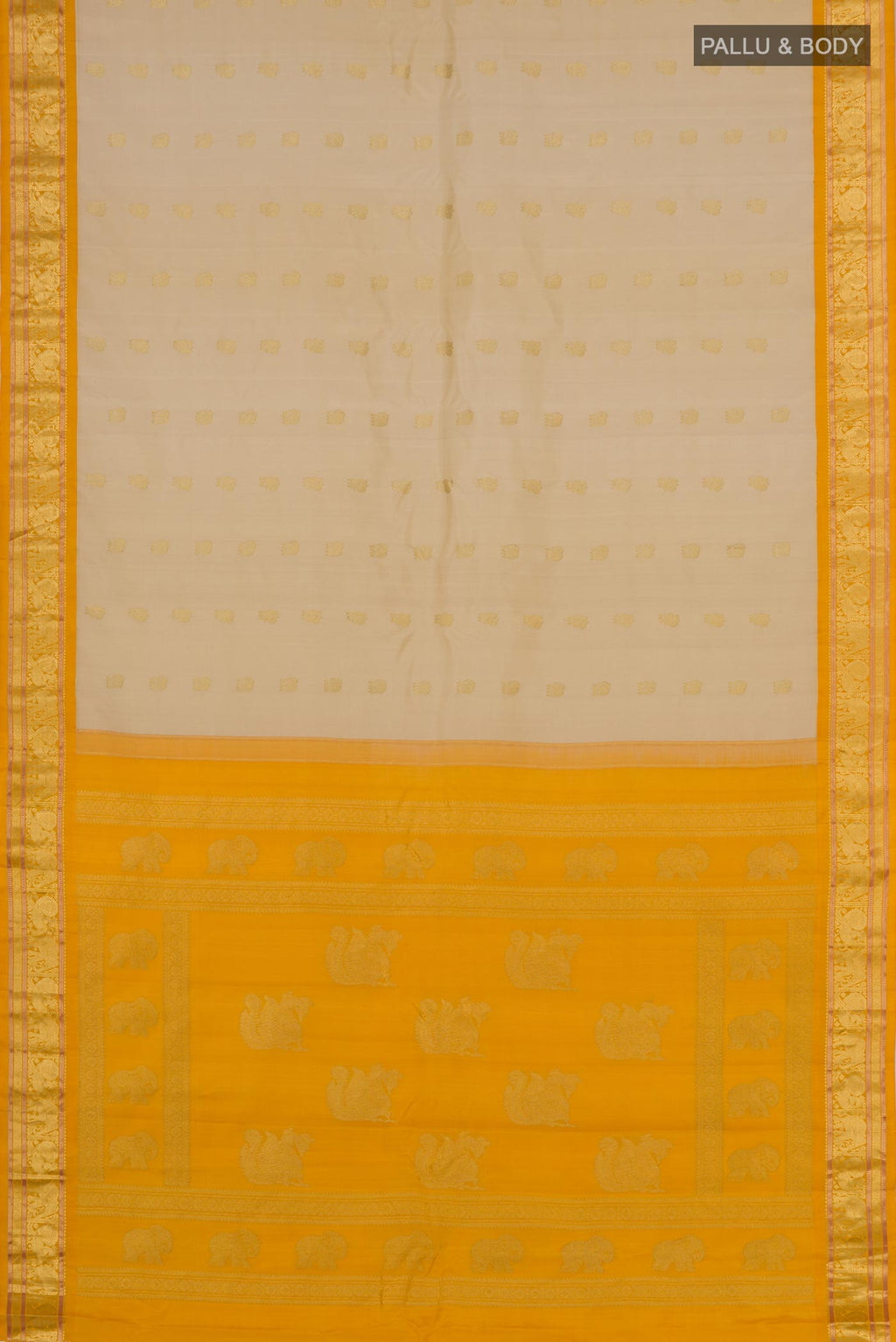 Flat view of Cream Gadwal Silk Saree with Zari Butta on the body and Zari Border. 