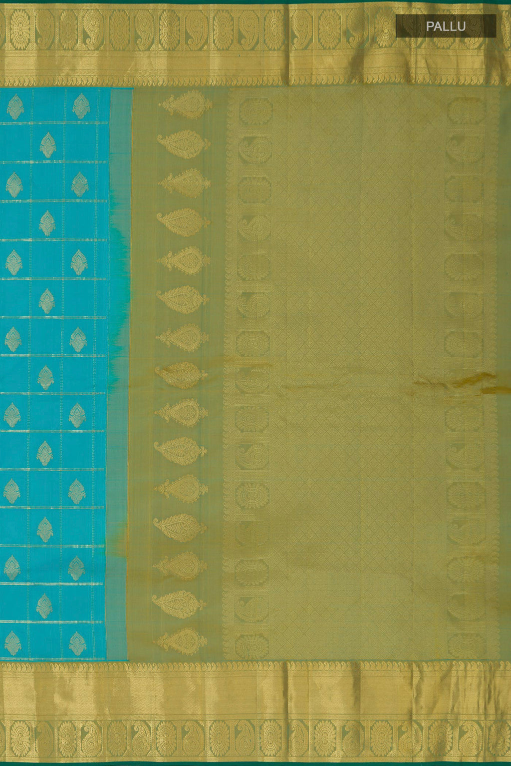 Close up image of the pallu of Blue Gadwal Silk Saree with Checked design on the body and Zari Border. 