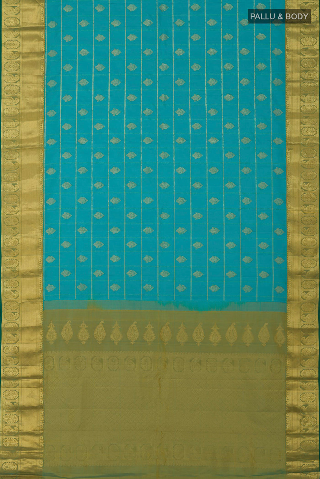 Flat view of Blue Gadwal Silk Saree with Checked design on the body and Zari Border. 