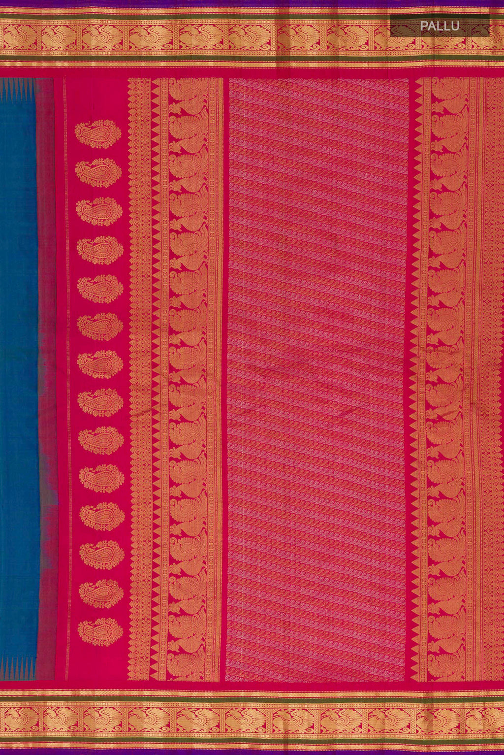 Close up image of the pallu of Blue Gadwal Silk Saree with Zari Butta on the body and Zari Border. 