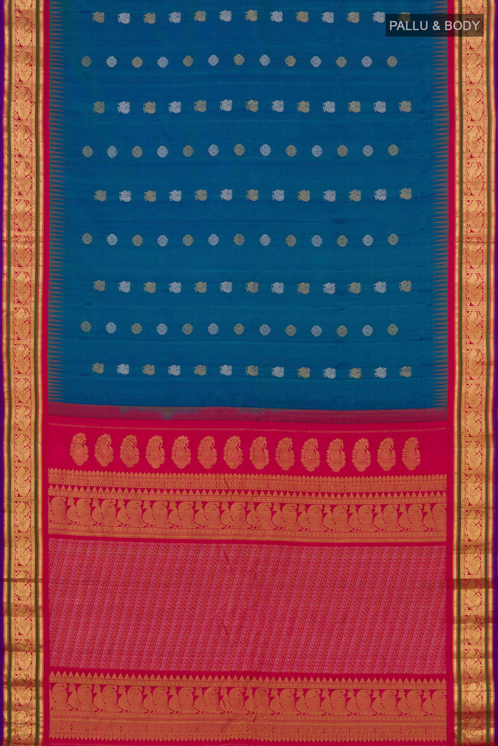 Flat view of Blue Gadwal Silk Saree with Zari Butta on the body and Zari Border. 