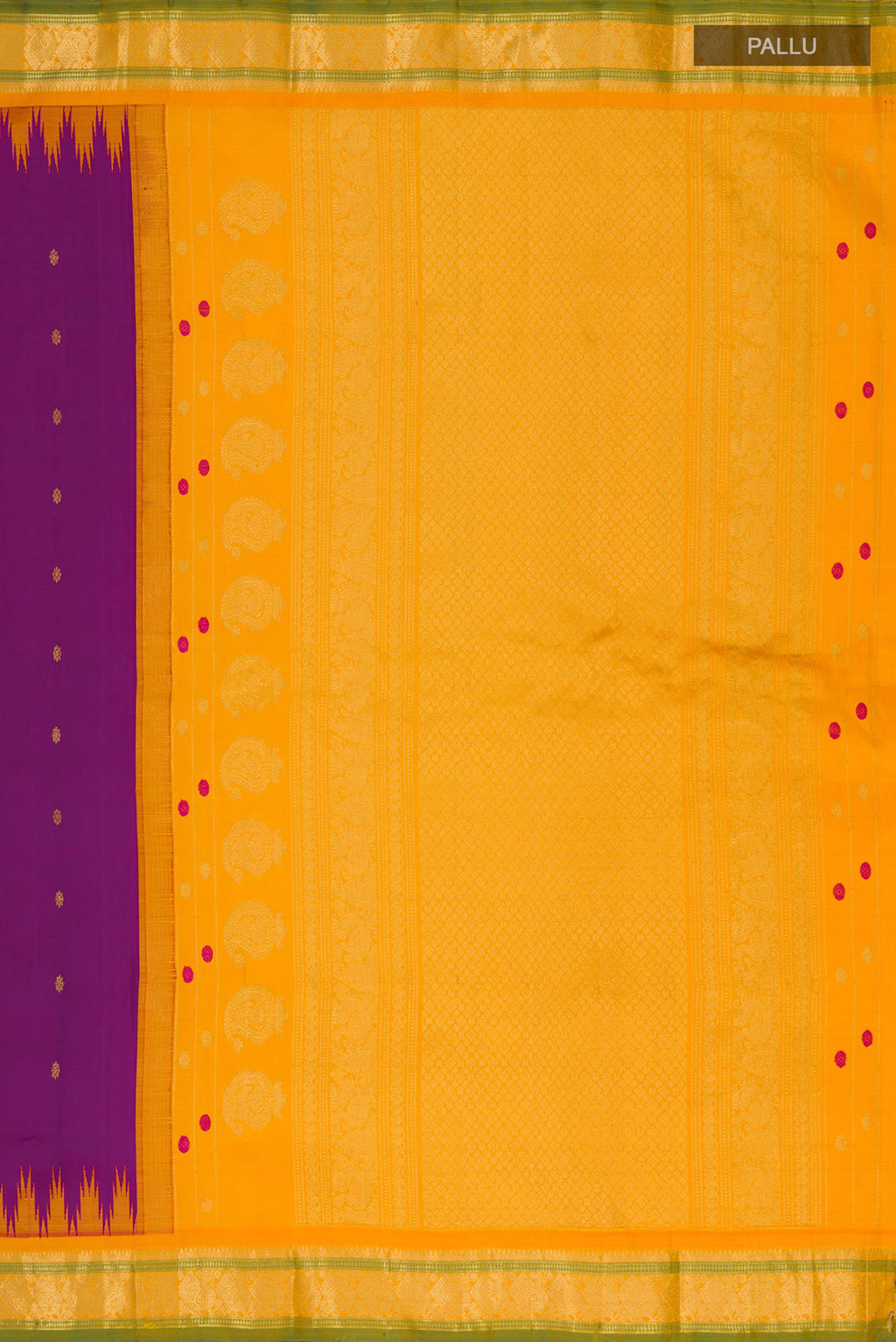 Close up image of the pallu of Purple Gadwal Silk Saree with Zari Butta on the body and Zari Border. 