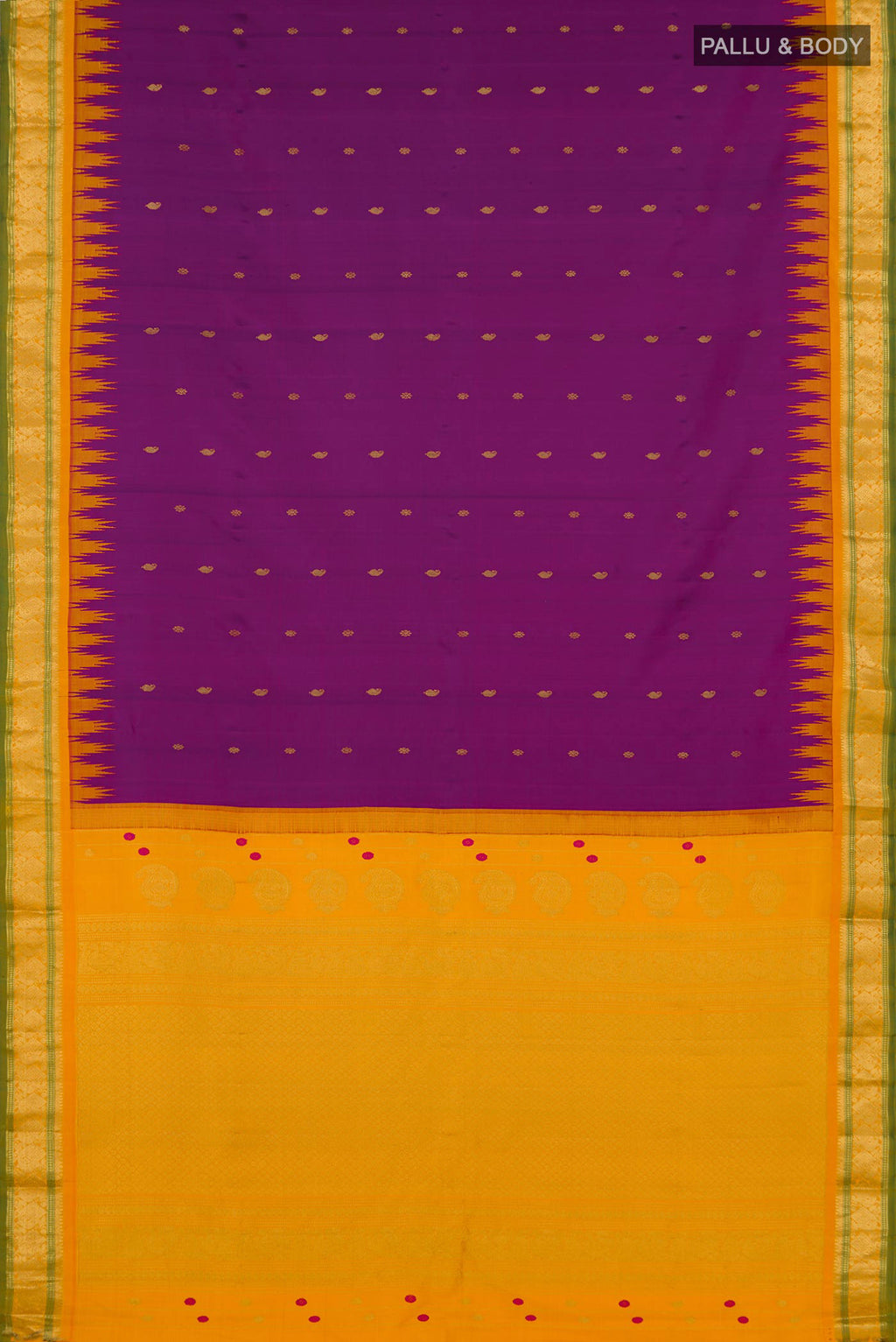 Flat view of Purple Gadwal Silk Saree with Zari Butta on the body and Zari Border. 