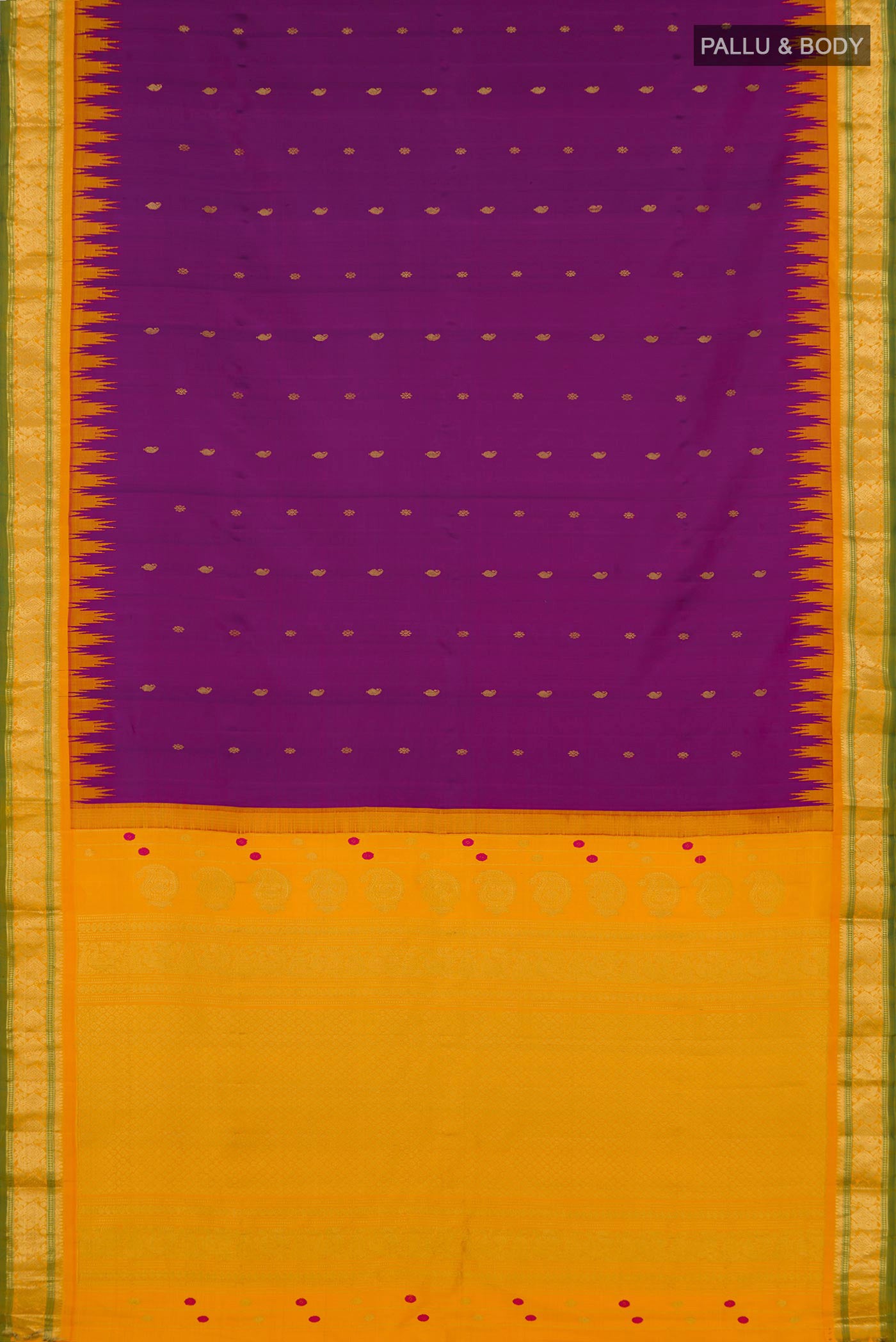 Flat view of Purple Gadwal Silk Saree with Zari Butta on the body and Zari Border. 