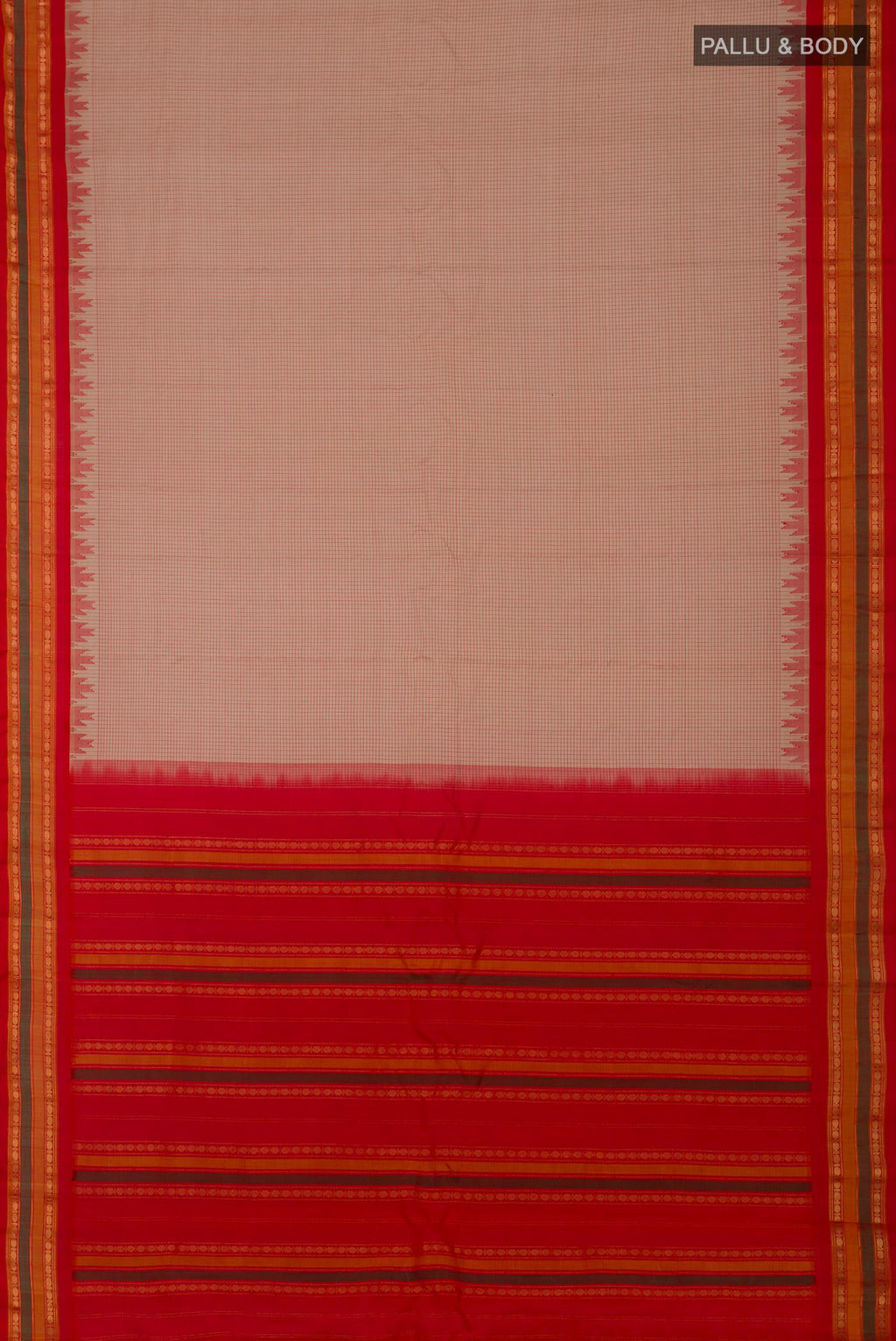 Flat view of Cream Gadwal Silk Cotton Saree with Checked design on the body and Zari Border. 