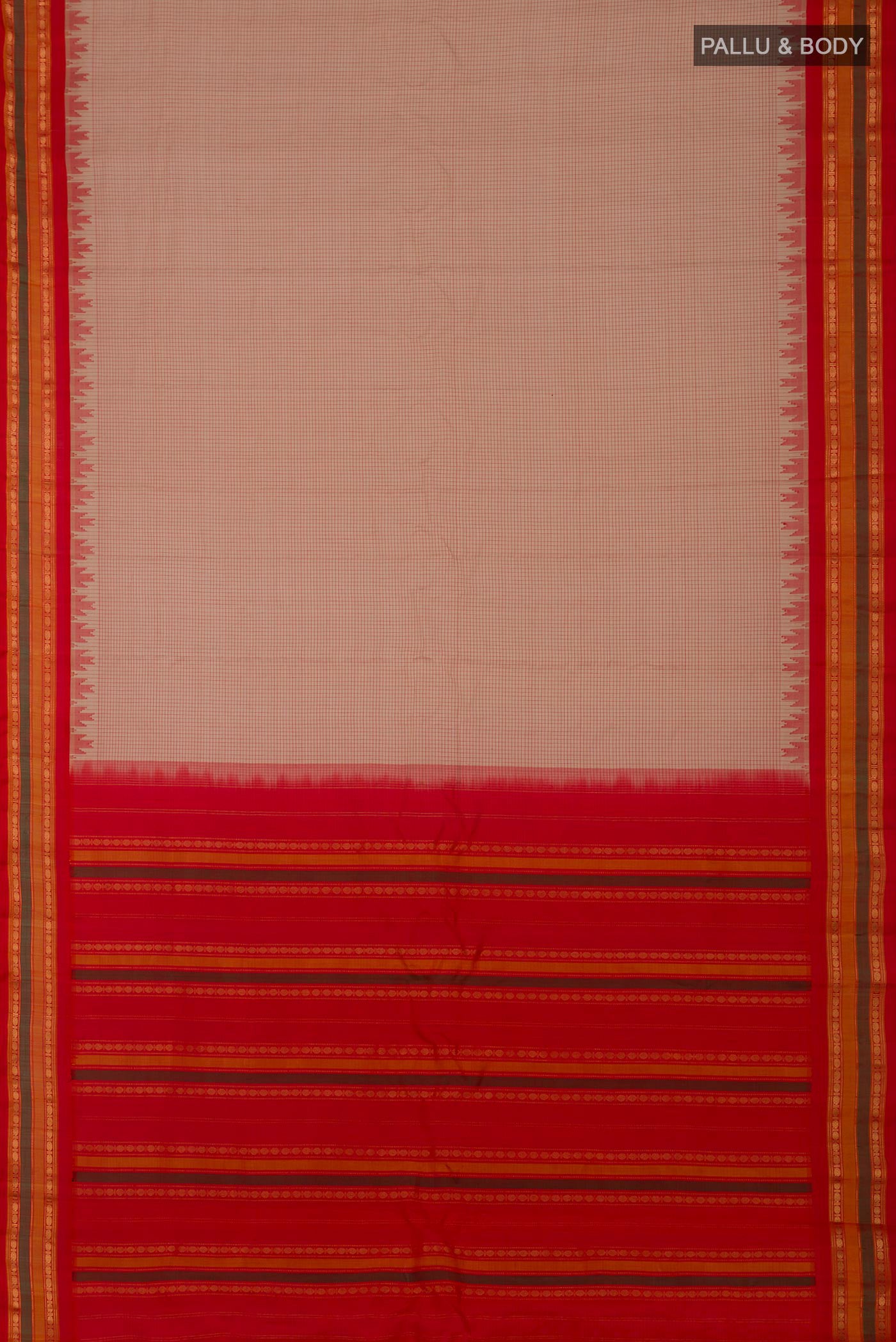 Flat view of Cream Gadwal Silk Cotton Saree with Checked design on the body and Zari Border. 