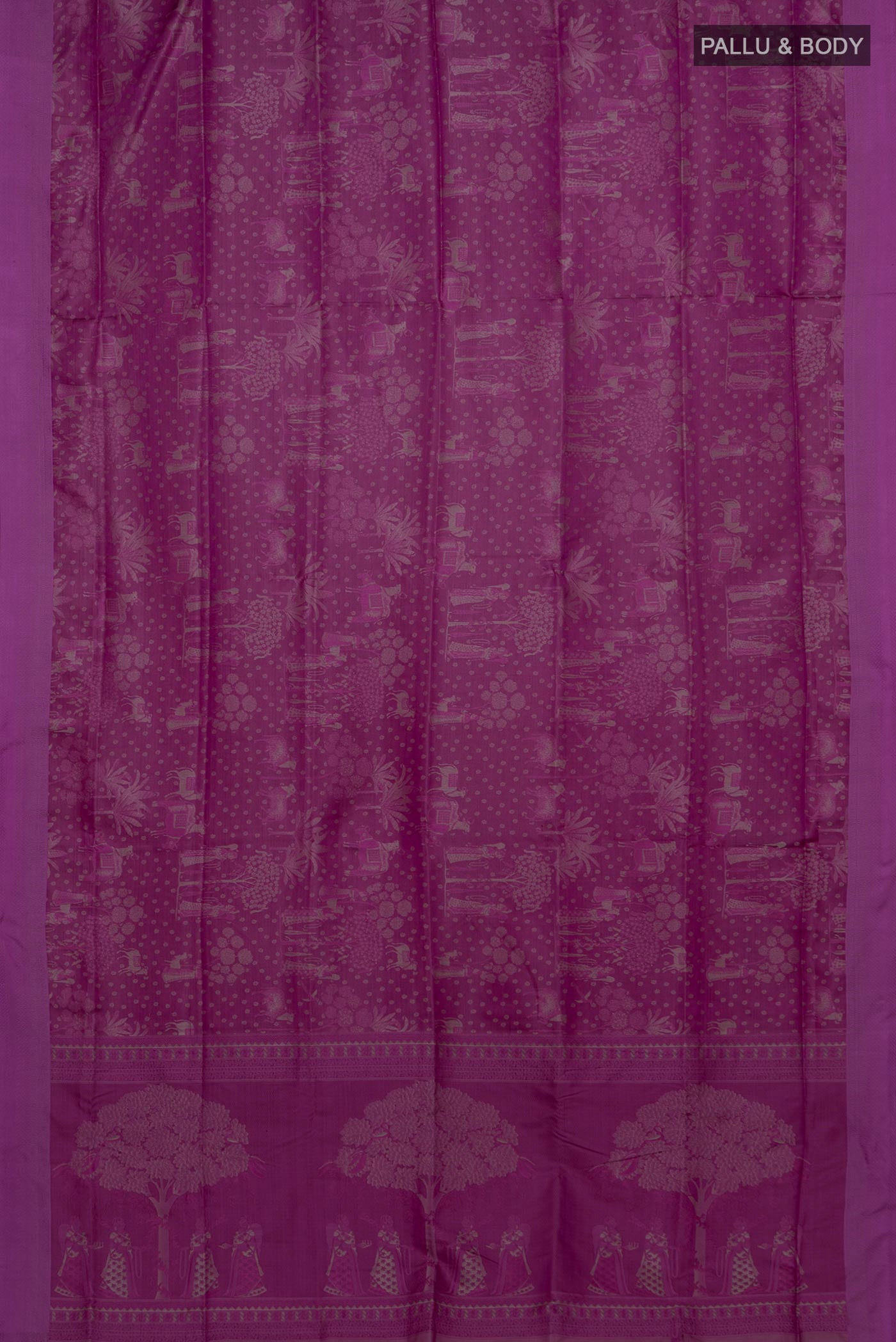 Flat view of Purple Soft Silk Saree with Jacquard design on the body and Thread Border. 