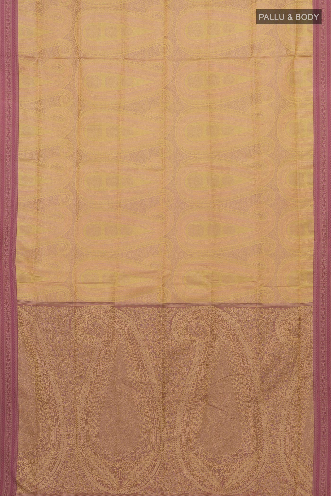 Flat view of Yellow Soft Silk Saree with Jacquard design on the body and Thread Border. 