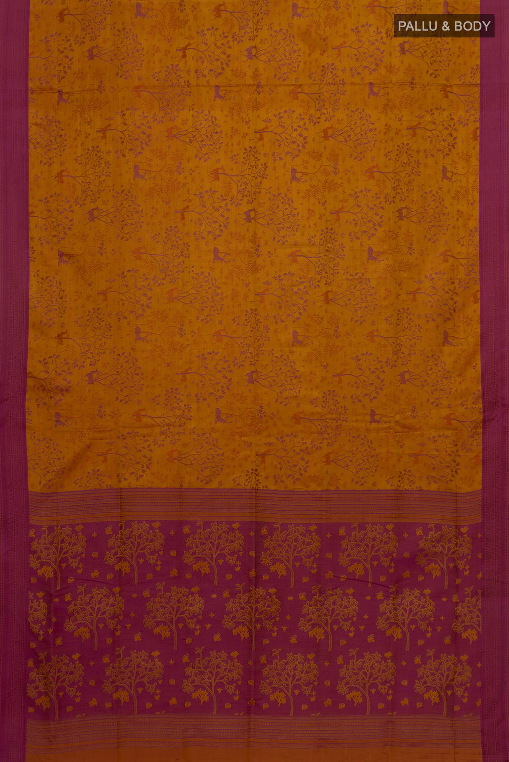 Flat view of Mustard Soft Silk Saree with Jacquard design on the body and Thread Border. 