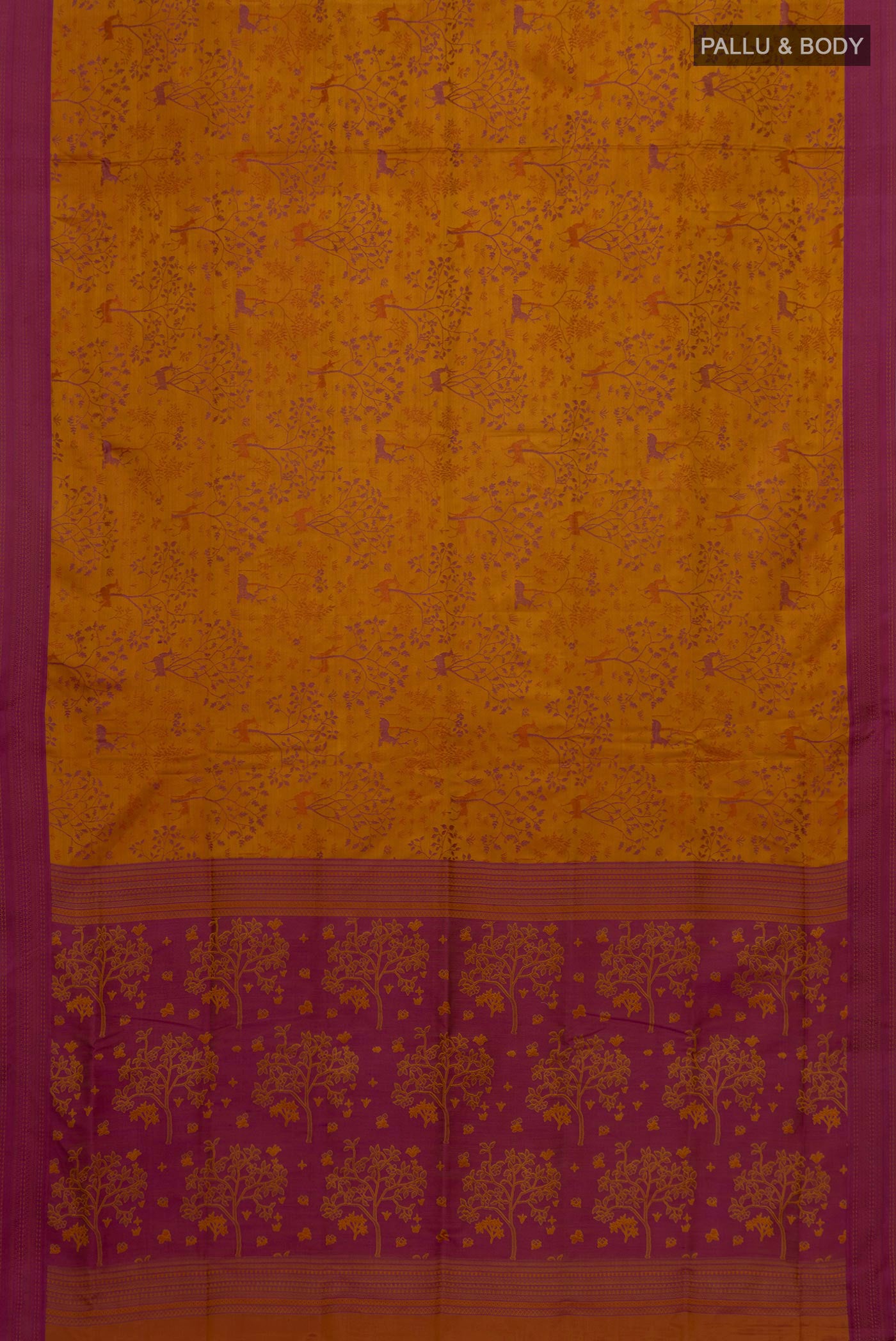 Flat view of Mustard Soft Silk Saree with Jacquard design on the body and Thread Border. 