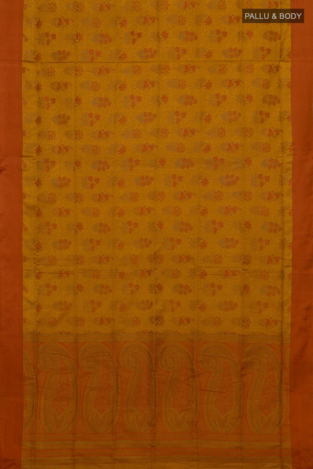Flat view of Mustard Soft Silk Saree with Jacquard design on the body and Thread Border. 