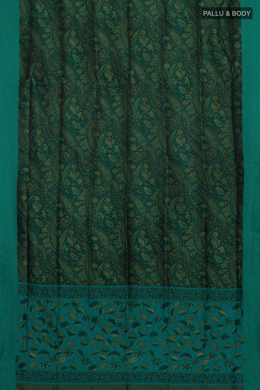 Flat view of Green Soft Silk Saree with Jacquard design on the body and Thread Border. 