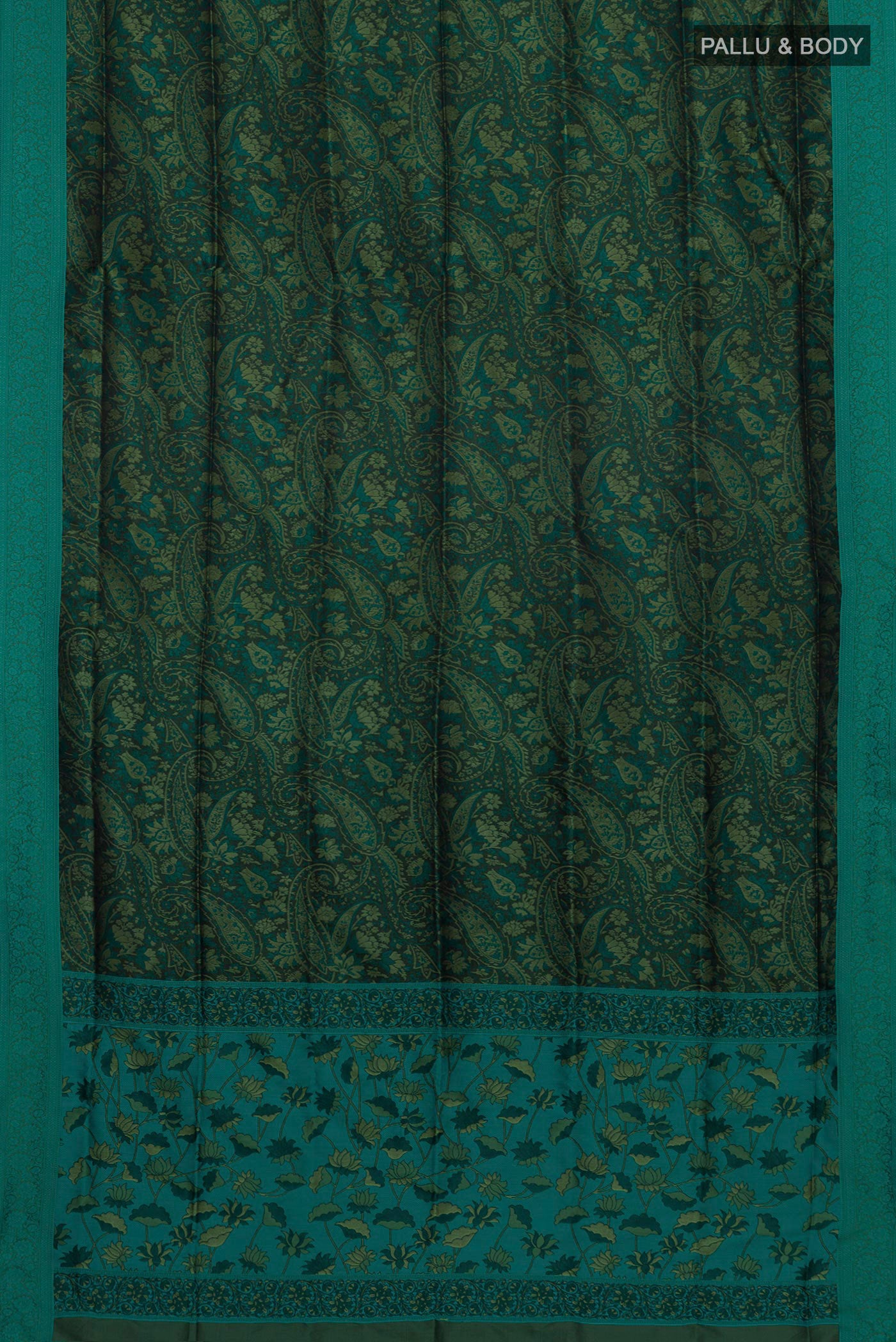 Flat view of Green Soft Silk Saree with Jacquard design on the body and Thread Border. 