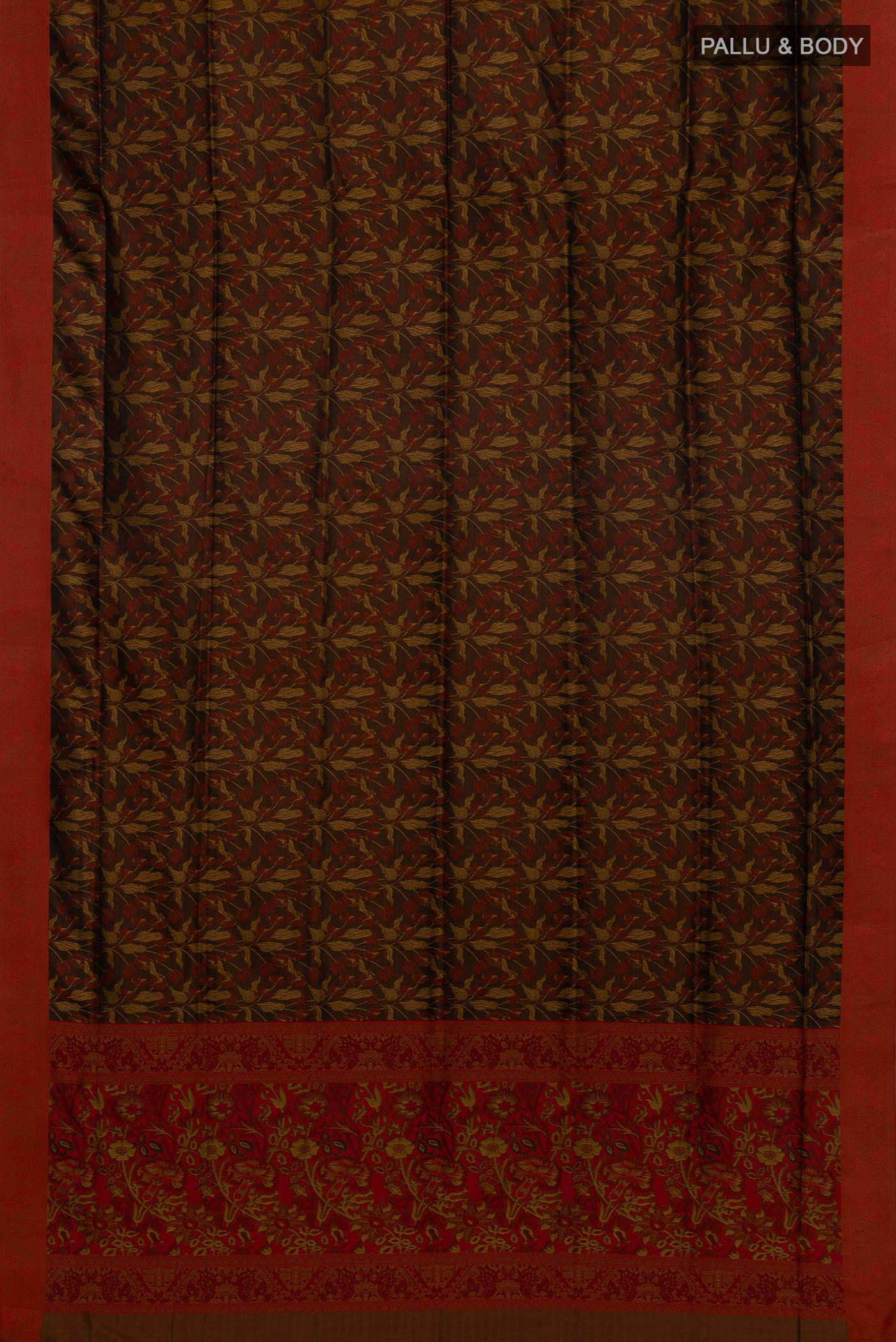 Flat view of Brown Soft Silk Saree with Jacquard design on the body and Thread Border. 