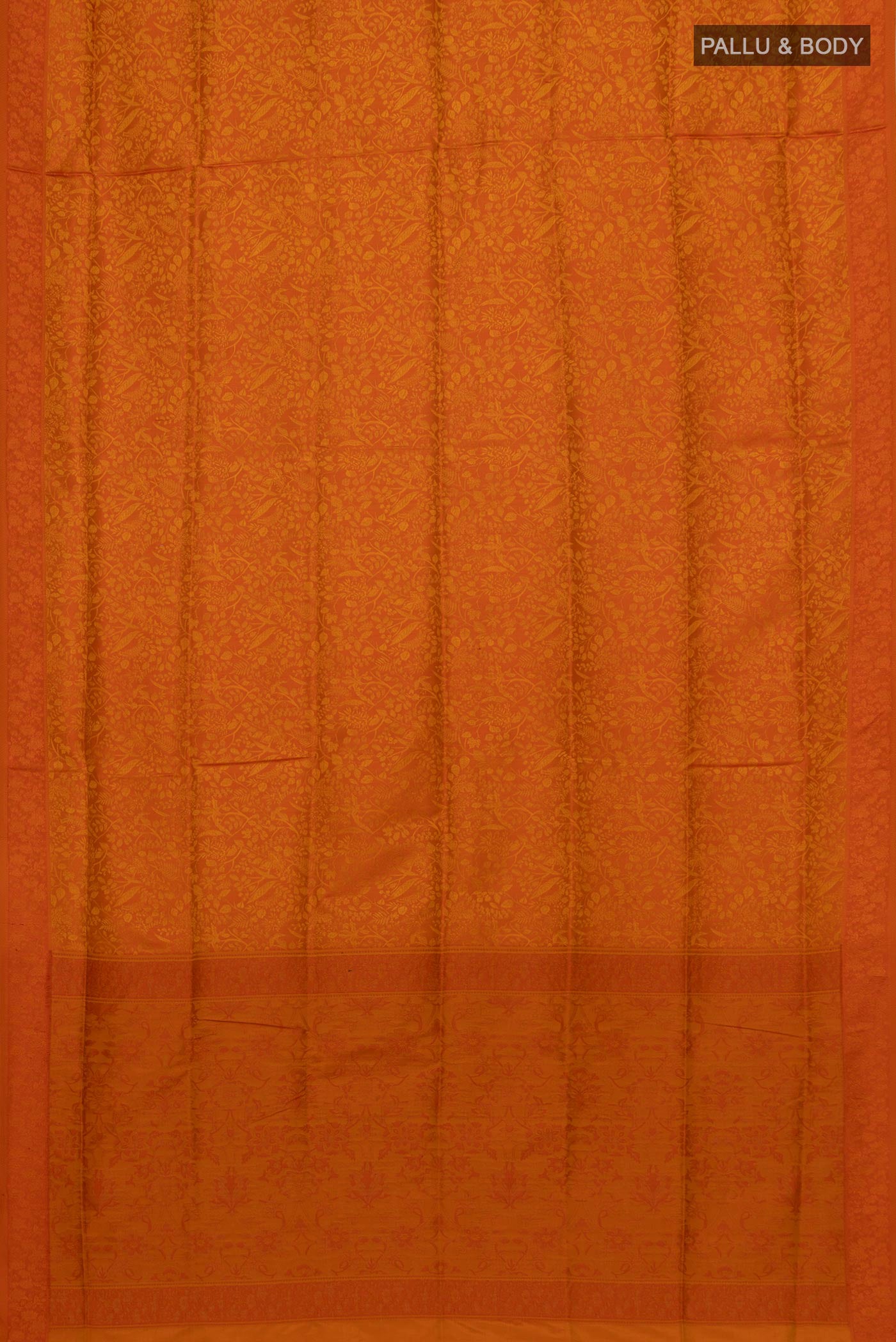 Flat view of Yellow Soft Silk Saree with Jacquard design on the body and Thread Border. 