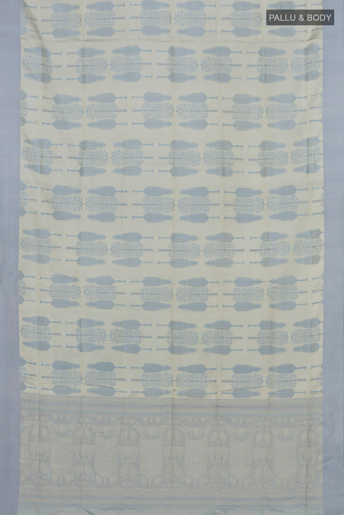 Flat view of Grey Soft Silk Saree with Jacquard design on the body and Thread Border. 