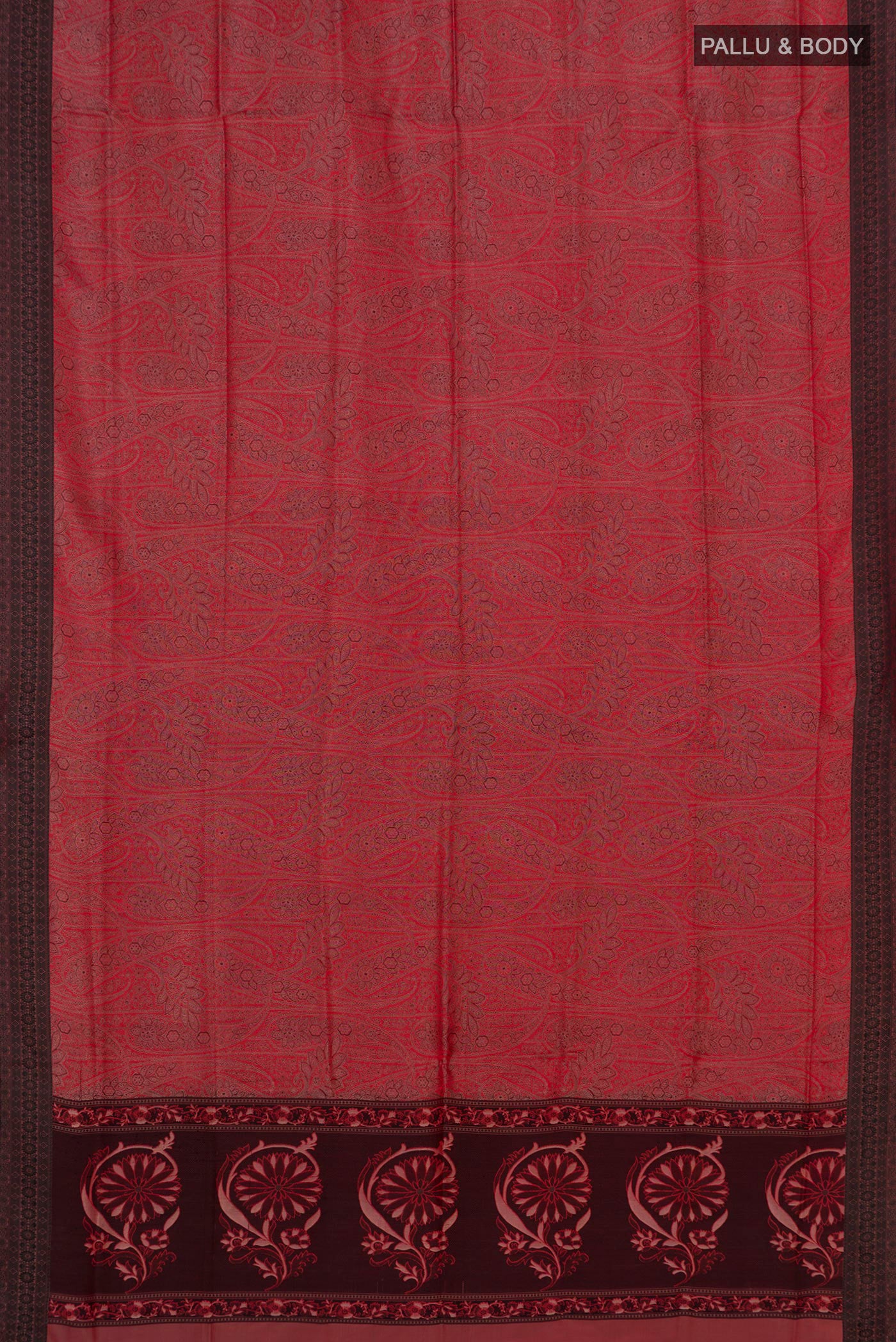 Flat view of Red Soft Silk Saree with Jacquard design on the body and Thread Border. 