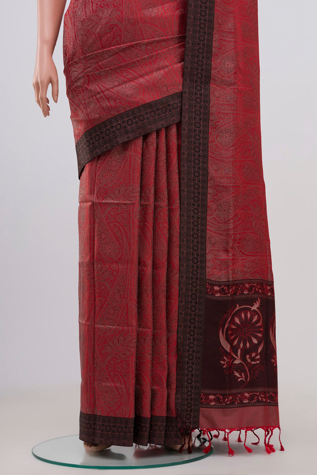 Pleats and pallu of Red Soft Silk Saree with Jacquard design on the body and Thread Border. 