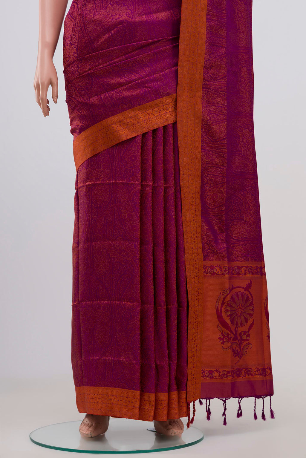 Pleats and pallu of Purple Soft Silk Saree with Jacquard design on the body and Thread Border. 