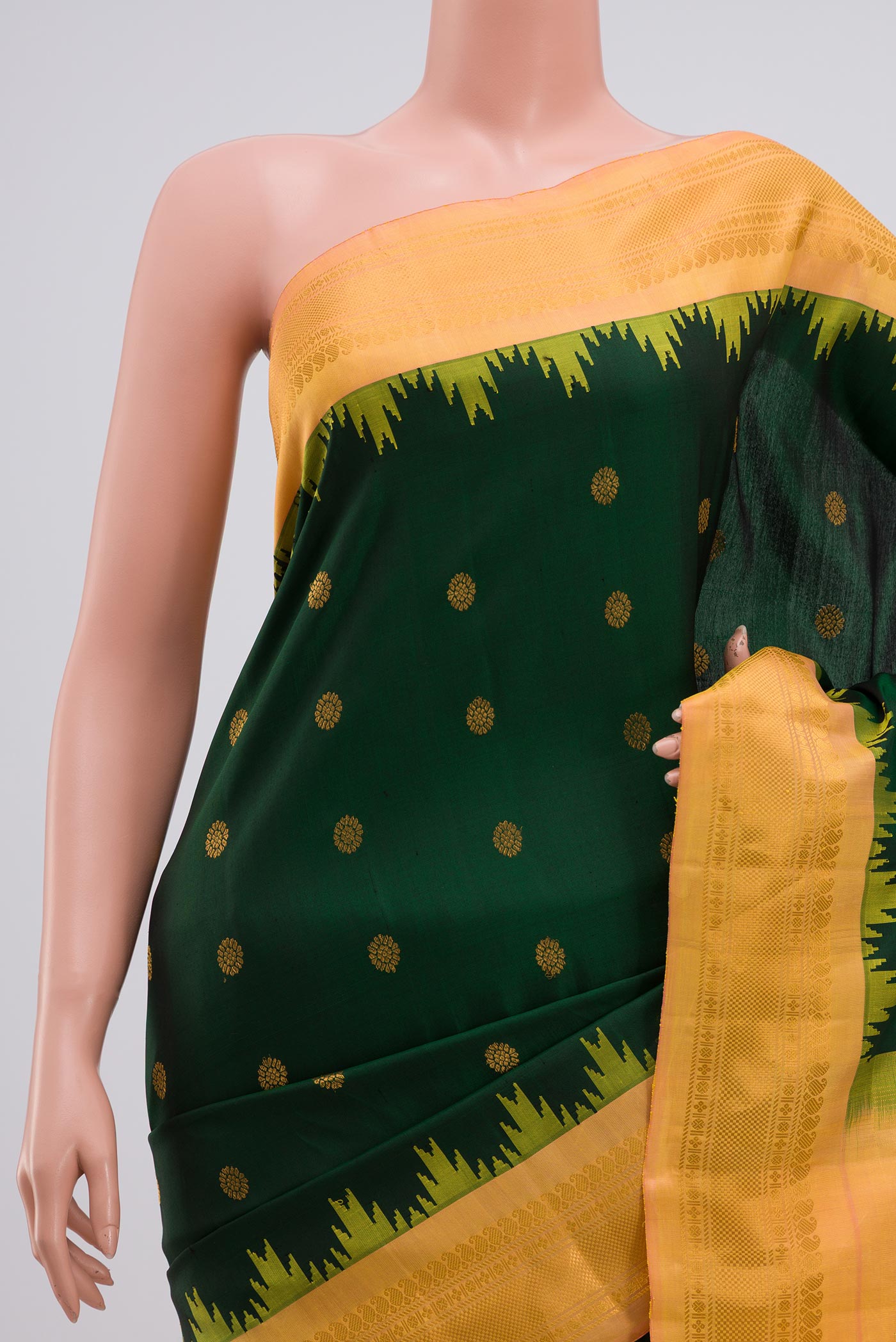 Border image of Green Gadwal Silk Saree with Zari Butta on the body and Zari Border. 