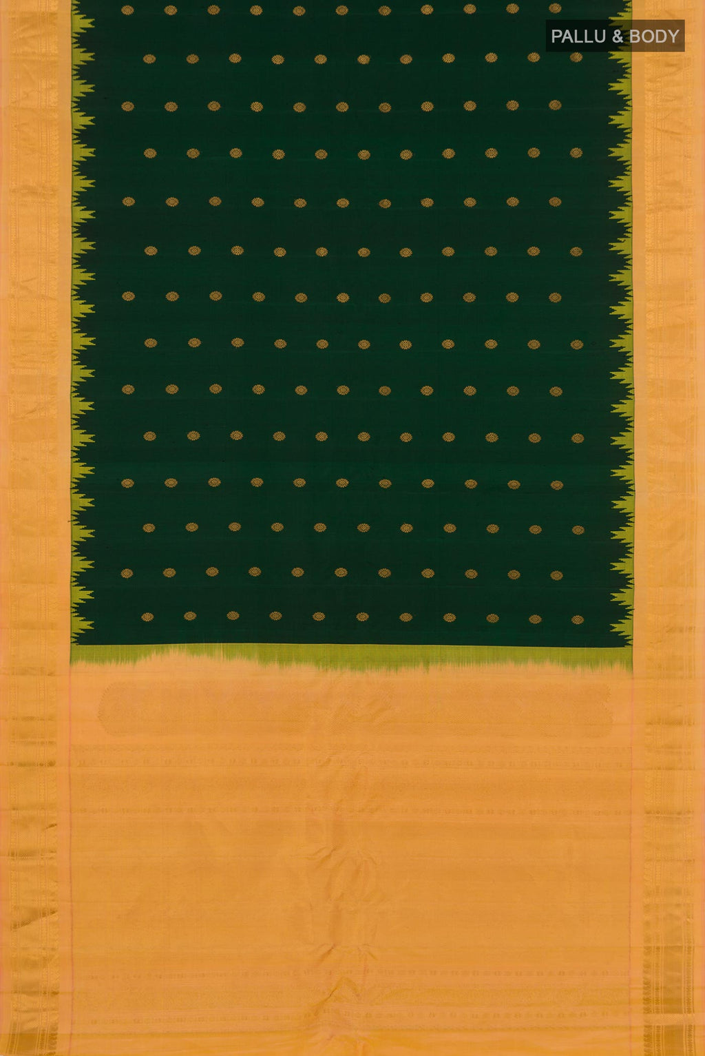 Flat view of Green Gadwal Silk Saree with Zari Butta on the body and Zari Border. 