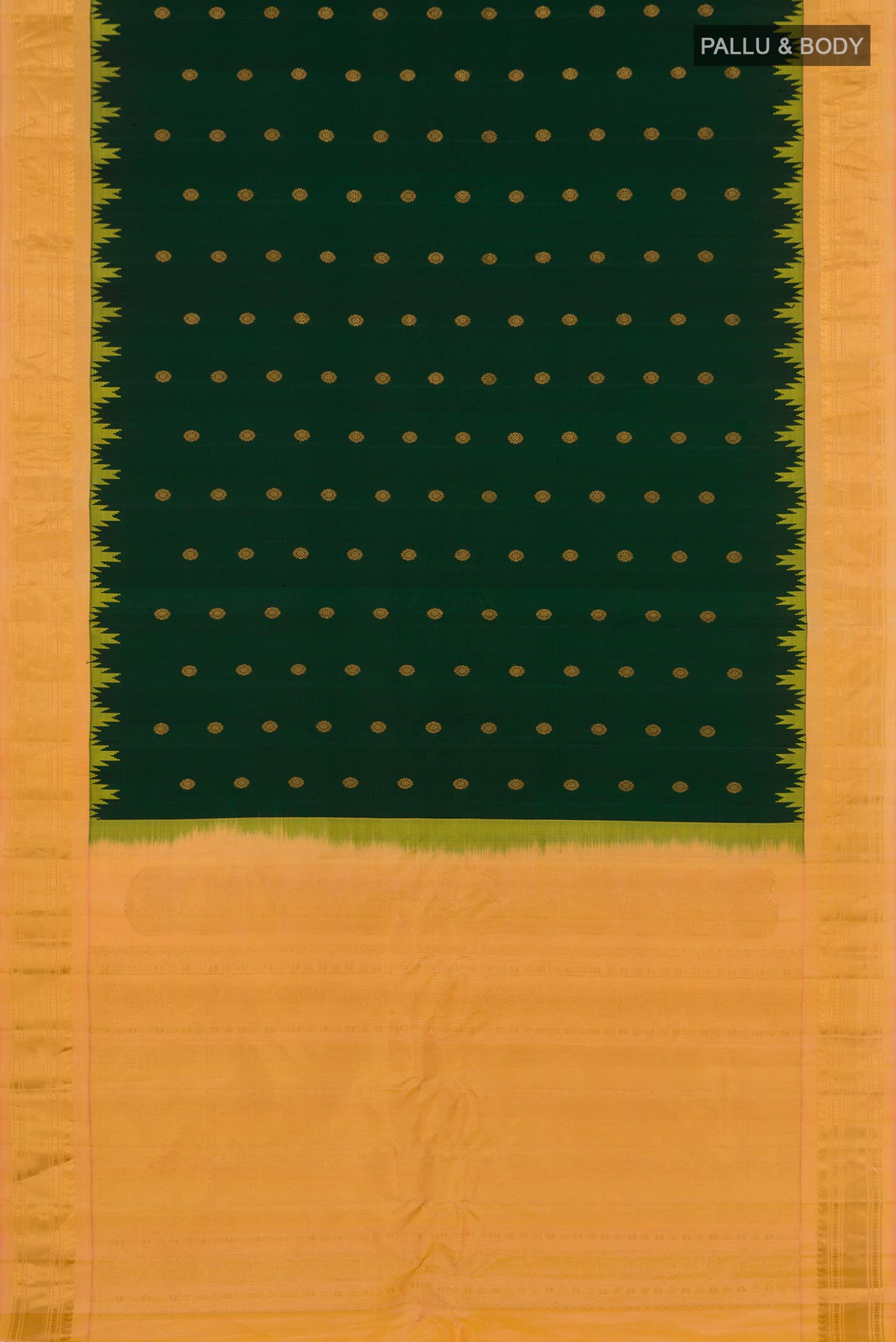 Flat view of Green Gadwal Silk Saree with Zari Butta on the body and Zari Border. 