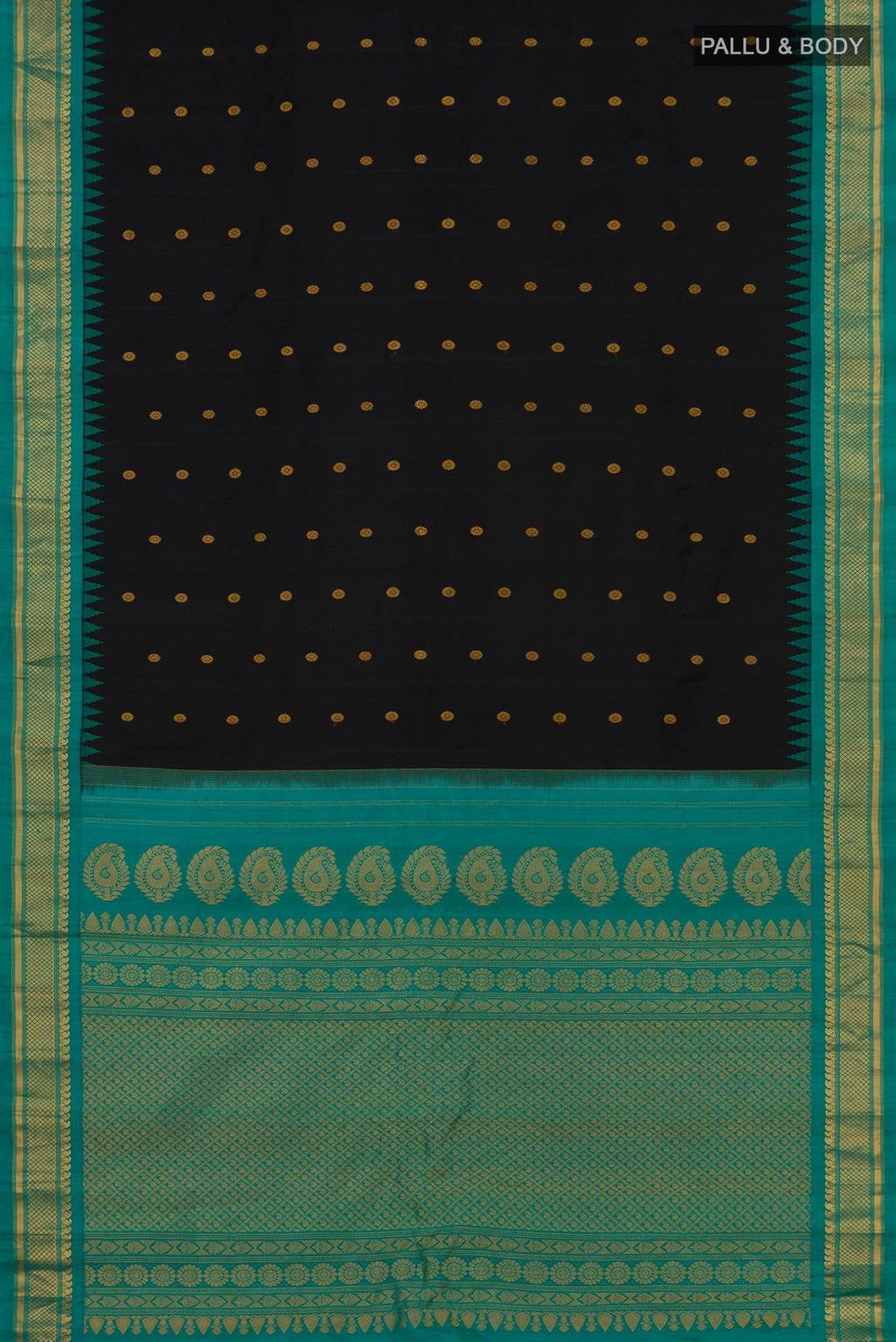 Flat view of Black Gadwal Silk Saree with Zari Butta on the body and Zari Border. 