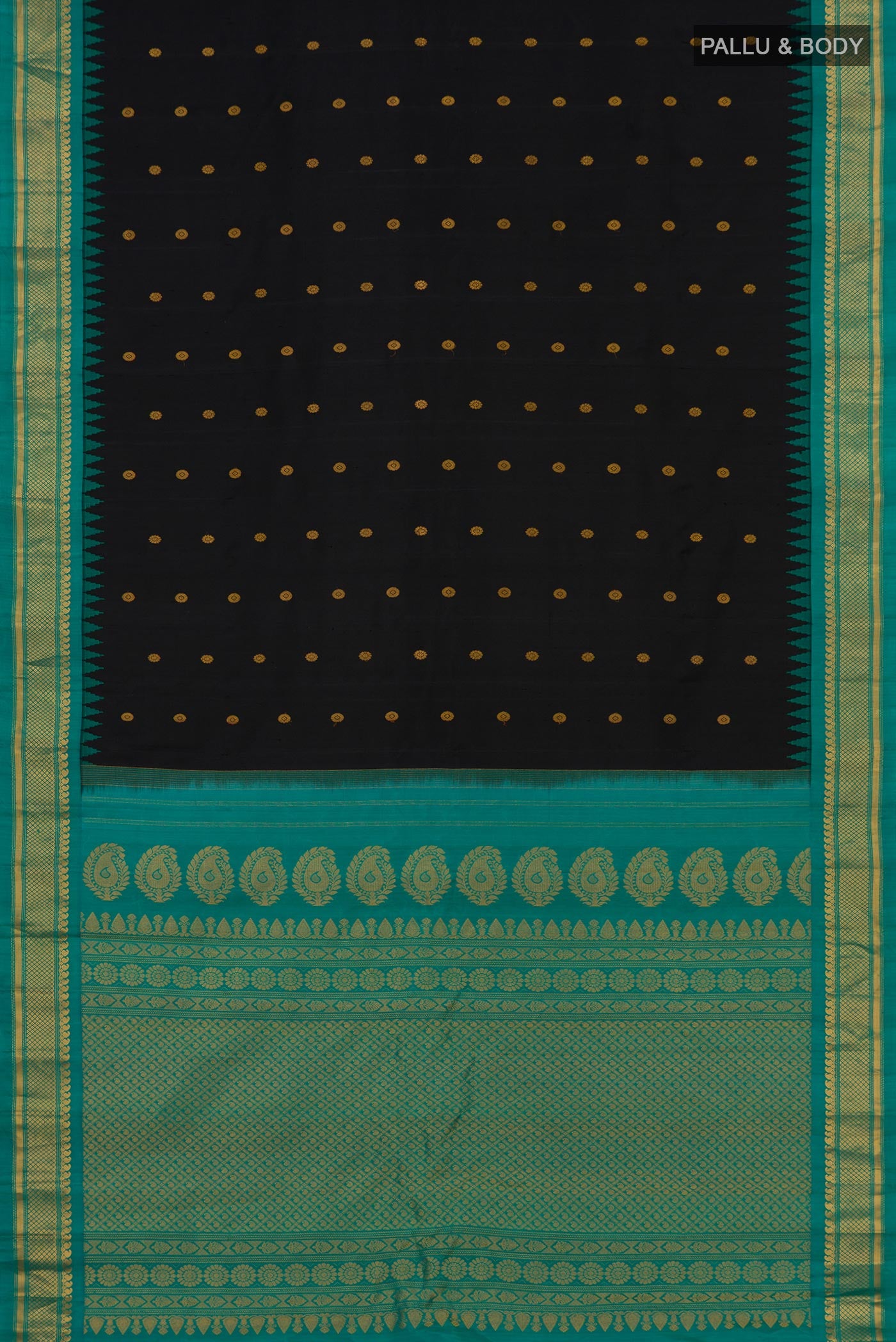 Flat view of Black Gadwal Silk Saree with Zari Butta on the body and Zari Border. 
