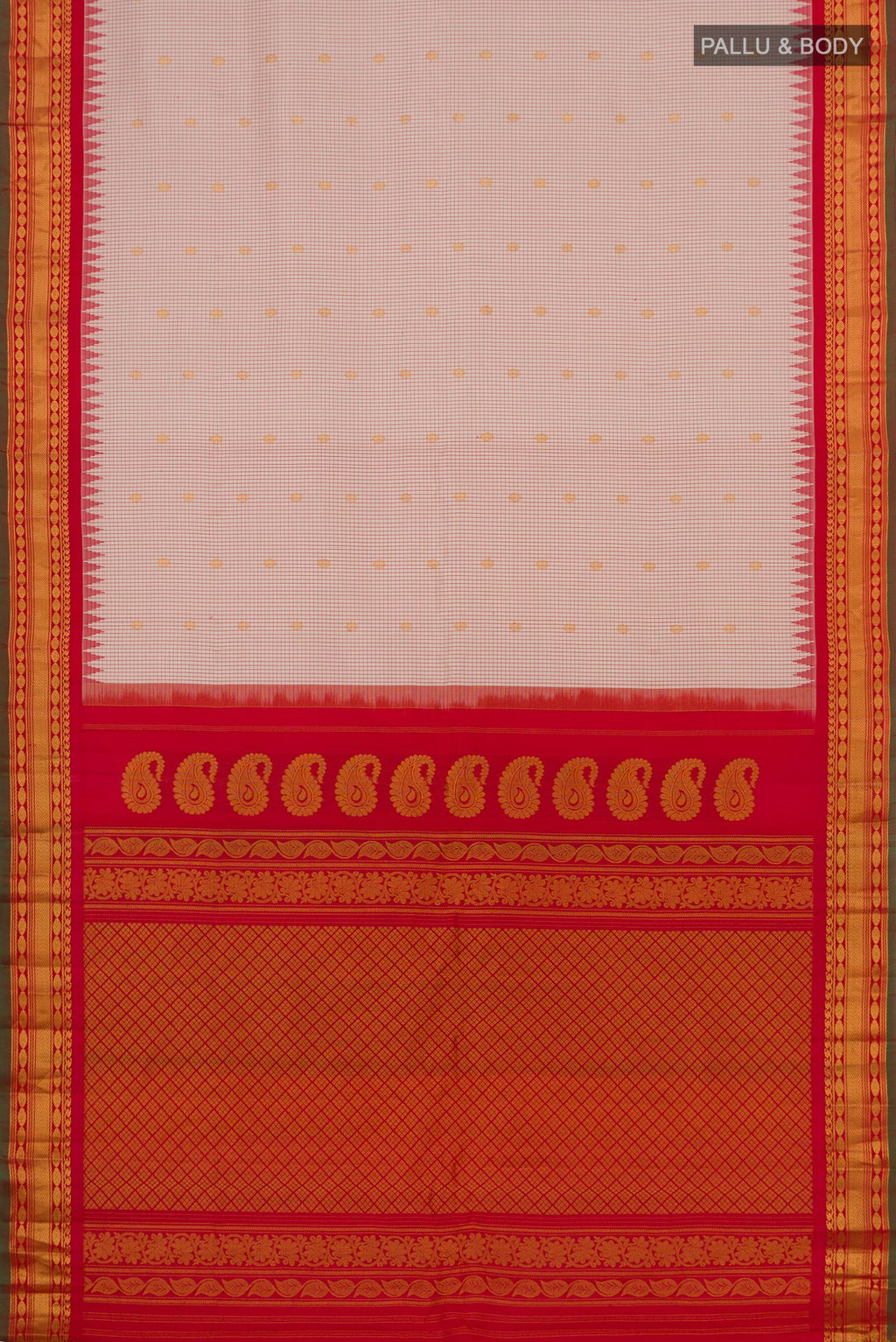 Flat view of Cream Gadwal Silk Saree with Zari Butta on the body and Zari Border. 