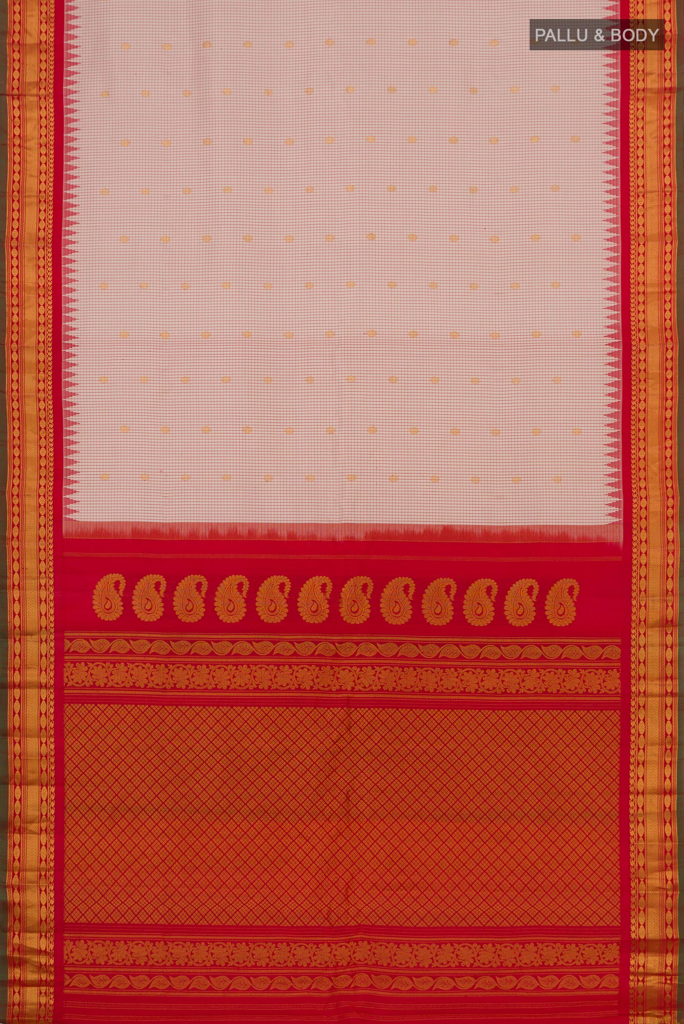 Flat view of Cream Gadwal Silk Saree with Zari Butta on the body and Zari Border. 
