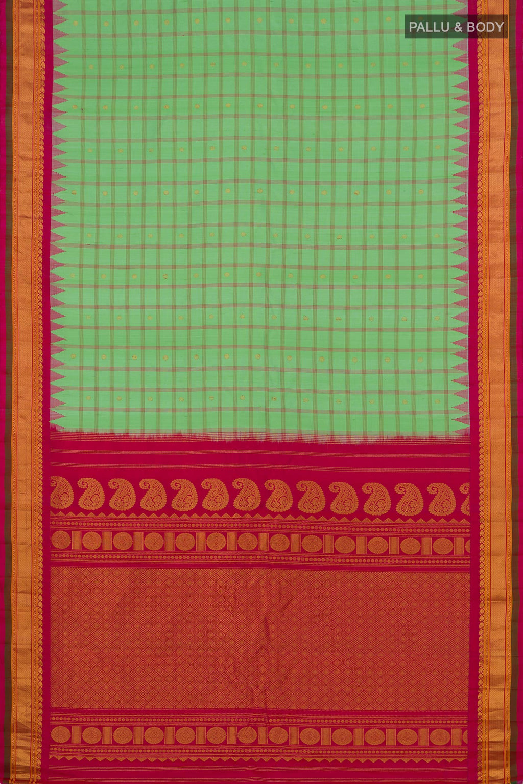Flat view of Green Gadwal Silk Saree with Zari Butta on the body and Zari Border. 