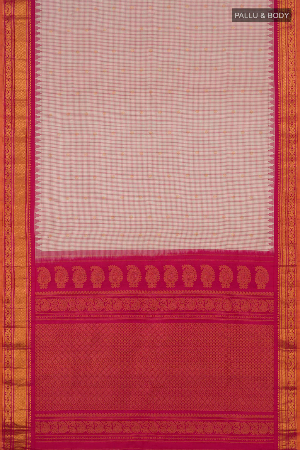 Flat view of Cream Gadwal Silk Saree with Checked design on the body and Zari Border. 