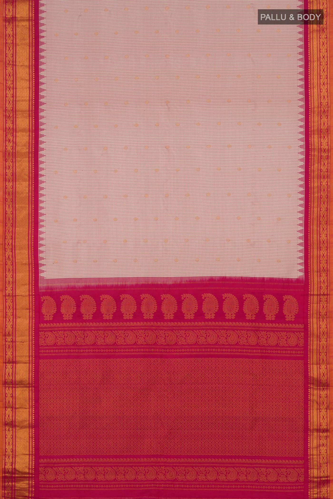 Flat view of Cream Gadwal Silk Saree with Checked design on the body and Zari Border. 