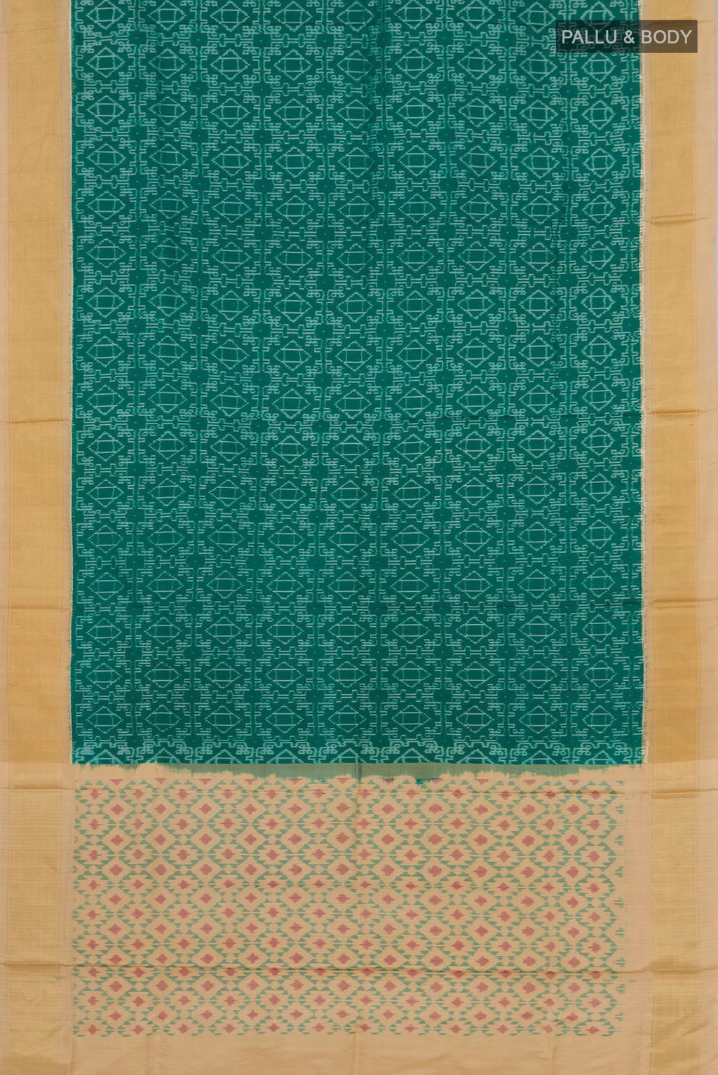 Flat view of Green Pochampally Silk Saree with Ikat Print on the body and Zari Border. 
