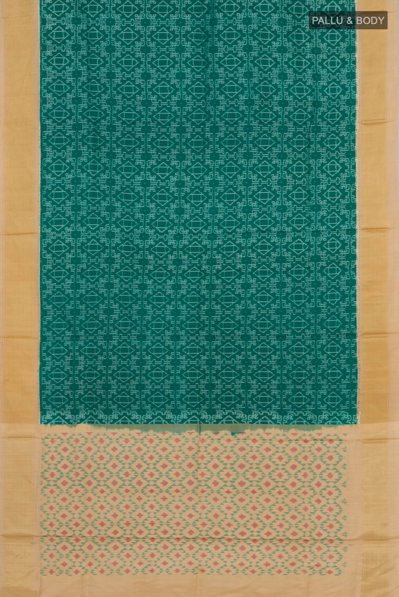 Flat view of Green Pochampally Silk Saree with Ikat Print on the body and Zari Border. 