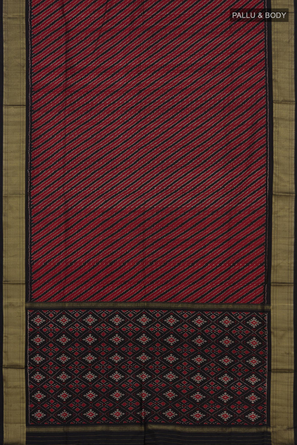 Flat view of Maroon Pochampally Silk Saree with Ikat design on the body and Zari Border. 