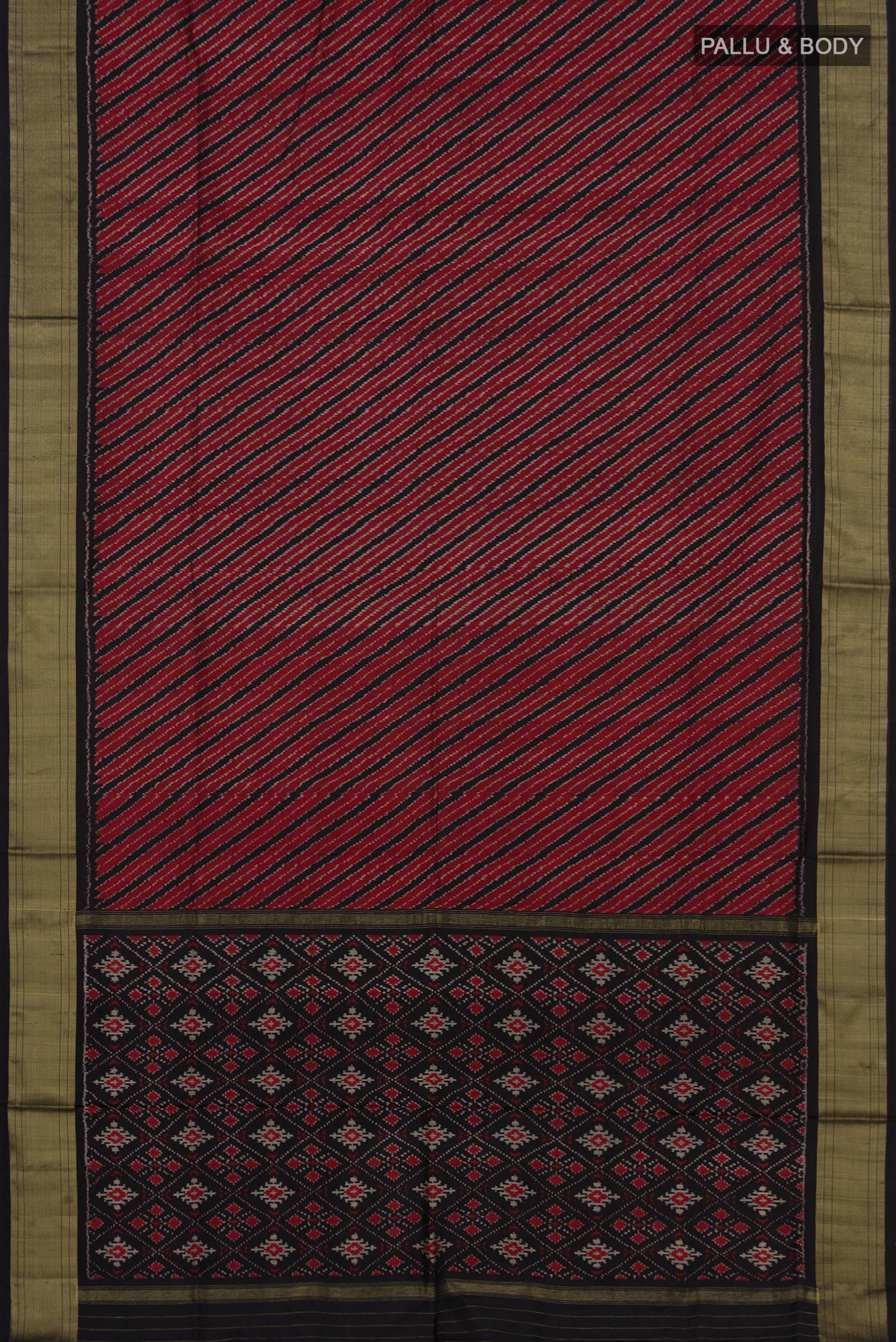Flat view of Maroon Pochampally Silk Saree with Ikat design on the body and Zari Border. 