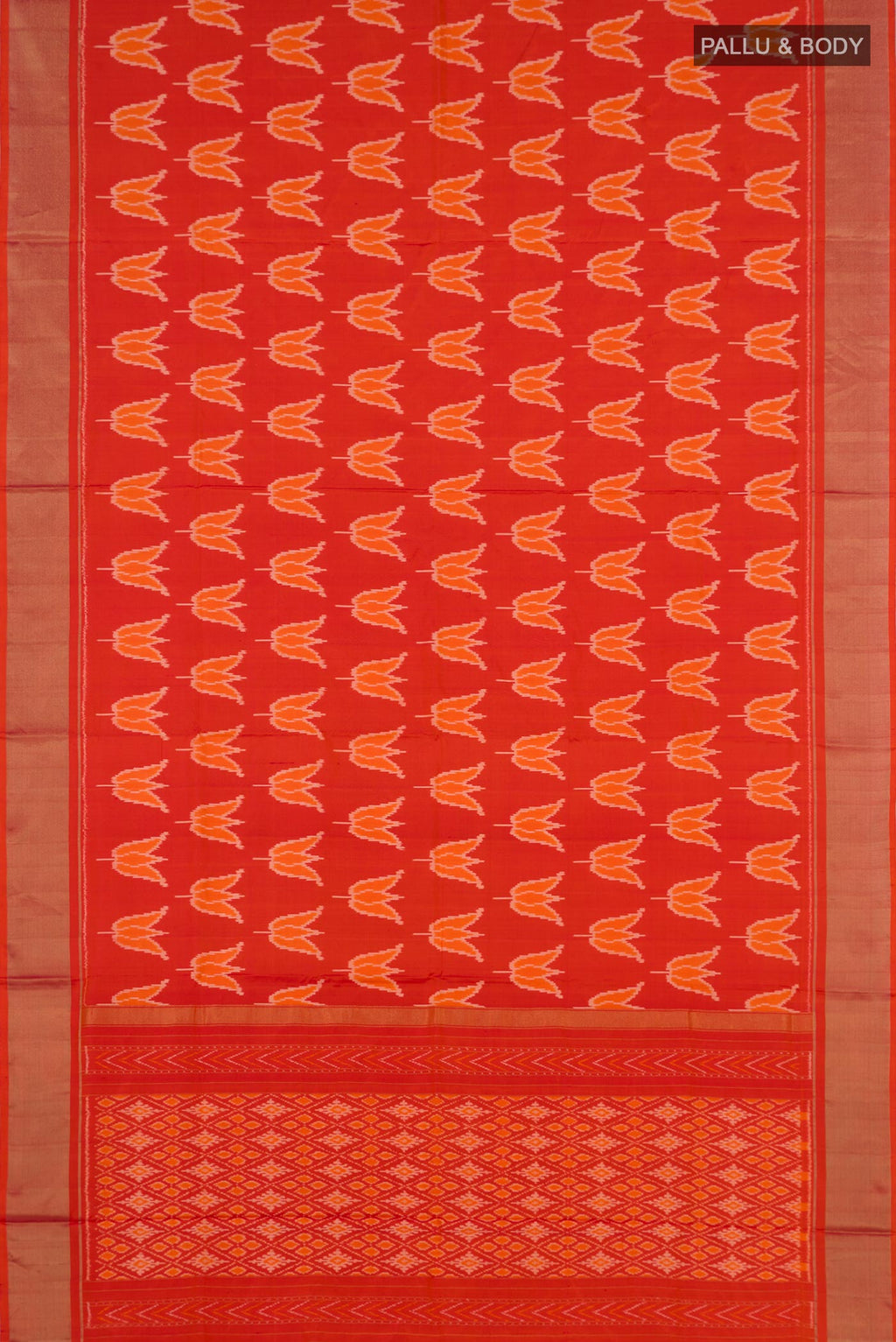 Flat view of Orange Pochampally Silk Saree with Ikat design on the body and Zari Border. 