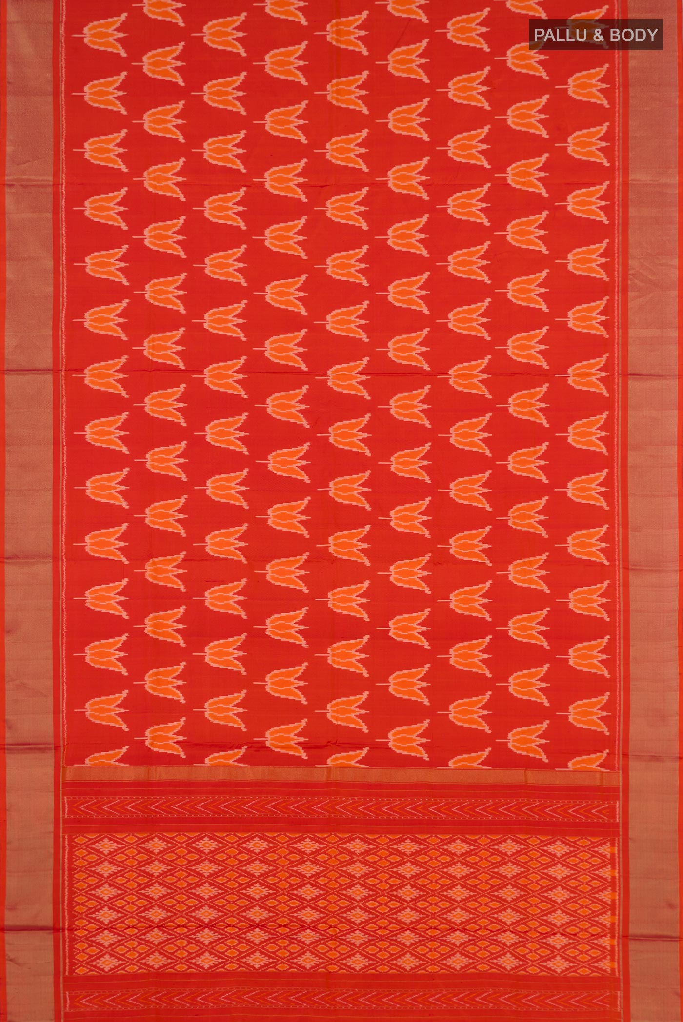Flat view of Orange Pochampally Silk Saree with Ikat design on the body and Zari Border. 