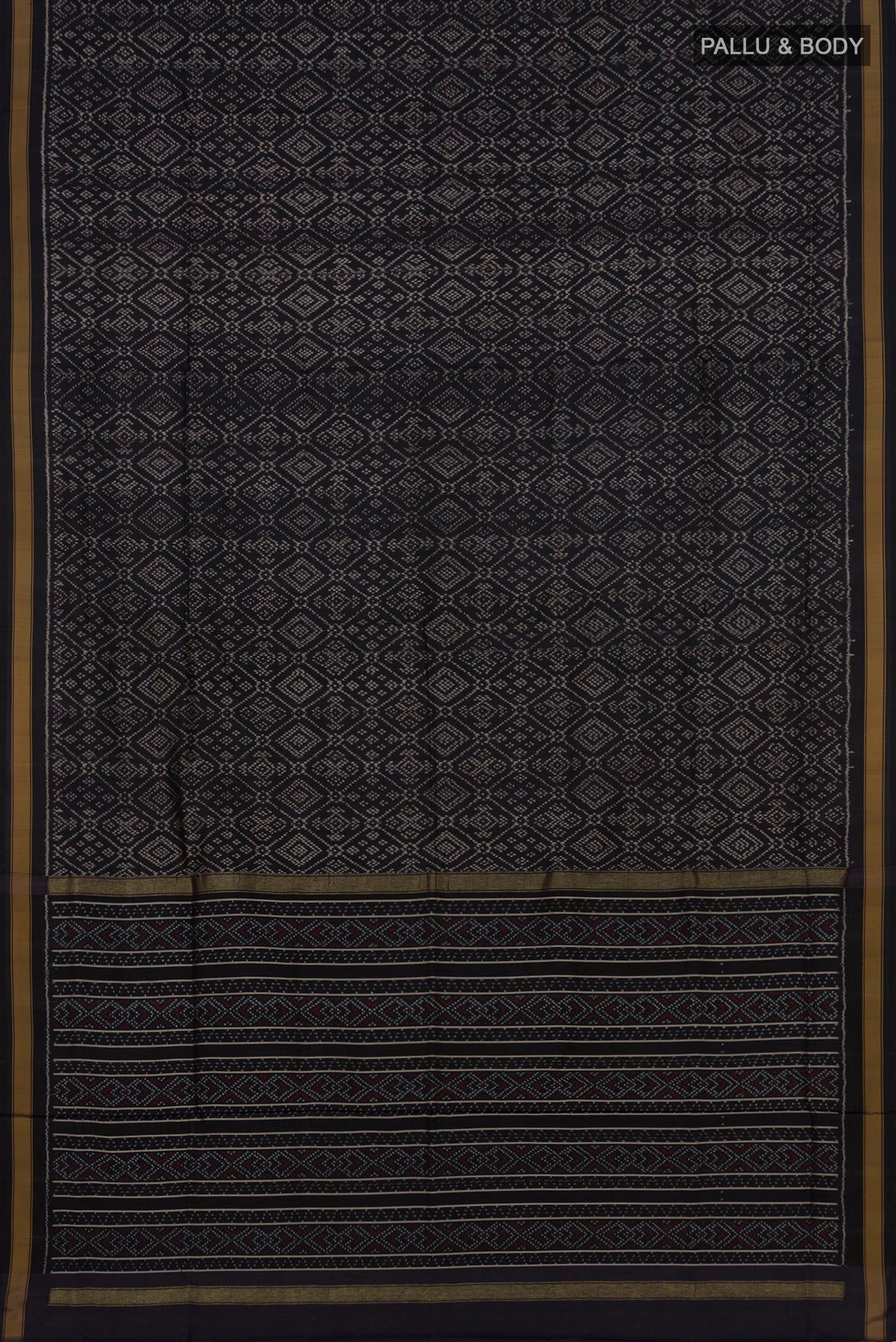 Flat view of Black Pochampally Silk Saree with Ikat design on the body and Plain Border. 
