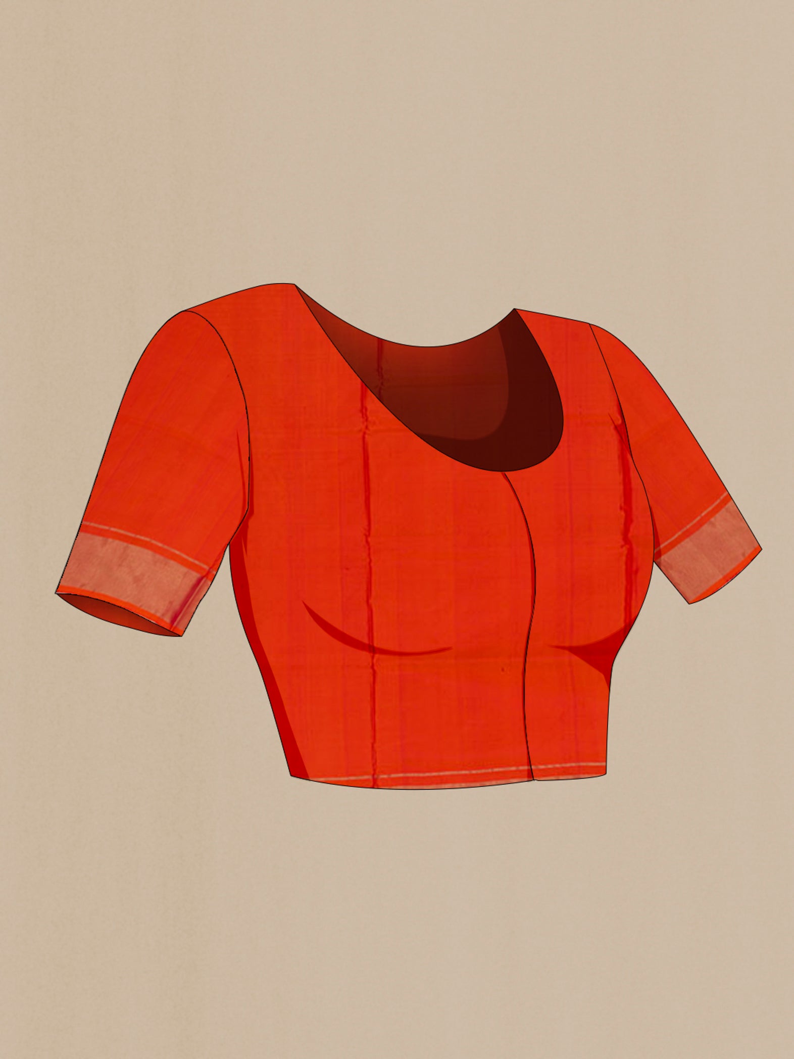 Close up image of the blouse of Orange Pochampally Silk Saree with Ikat design on the body and Zari Border. 