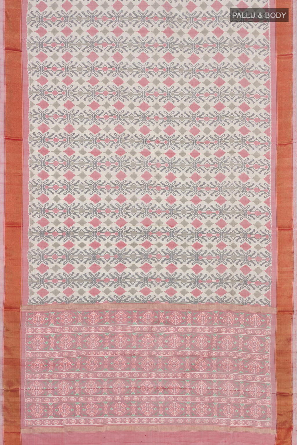 Flat view of Cream Pochampally Silk Saree with Ikat design on the body and Zari Border. 