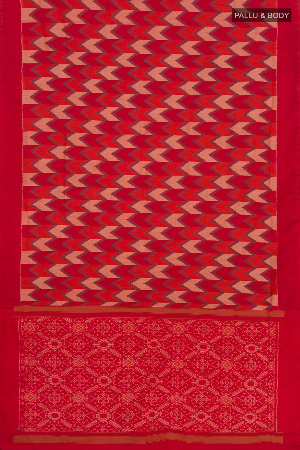 Flat view of Red Pochampally Silk Saree with Ikat Print on the body and Plain Border. 